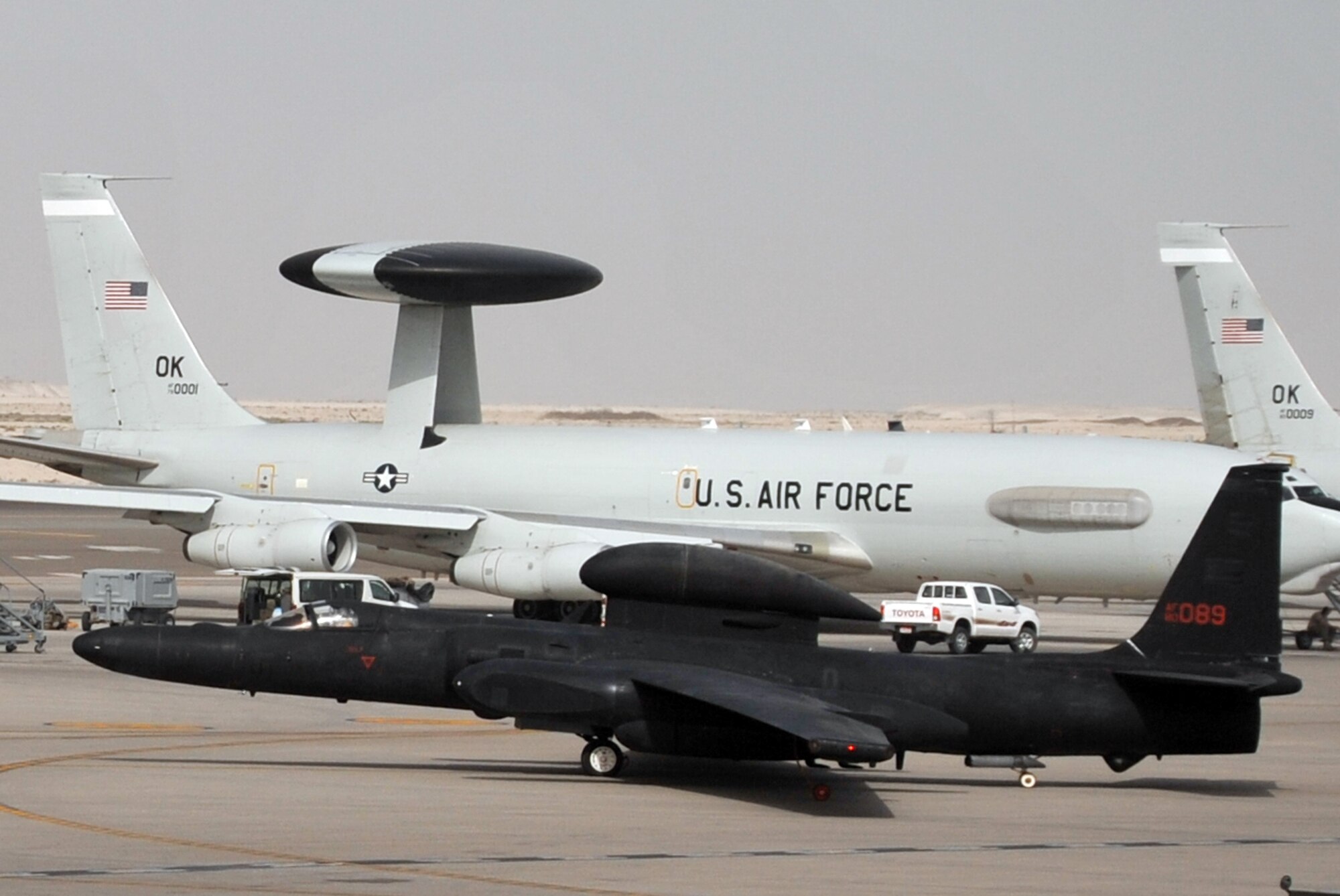 A pilot guides a U-2 Dragon Lady across the air field April 24, 2010, en route to a mission in support of operations in the U.S. Central Command area of responsibility from a non-disclosed base in Southwest Asia. The pilot and the U-2 are with the 99th Expeditionary Reconnaissance Squadron, a unit of the 380th Air Expeditionary Wing.  Through the first three months of 2010, U-2s from the 99th ERS flew nearly 200 missions in support of intelligence, surveillance and reconnaissance requirements for deployed forces supporting operations Iraqi Freedom and Enduring Freedom and the Combined Joint Task Force-Horn of Africa. (U.S. Air Force Photo/Master Sgt. Scott T. Sturkol/Released)