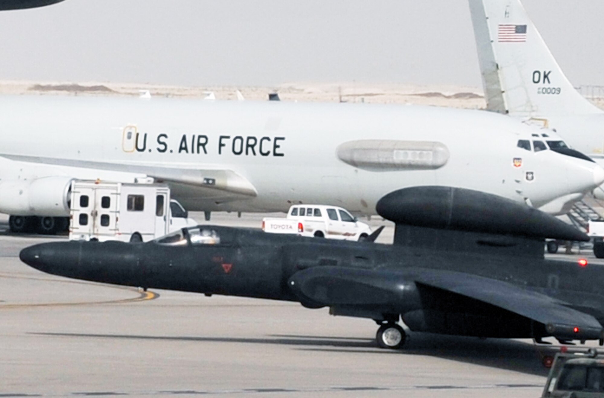 A pilot guides a U-2 Dragon Lady across the air field April 24, 2010, en route to a mission in support of operations in the U.S. Central Command area of responsibility from a non-disclosed base in Southwest Asia. The pilot and the U-2 are with the 99th Expeditionary Reconnaissance Squadron, a unit of the 380th Air Expeditionary Wing.  Through the first three months of 2010, U-2s from the 99th ERS flew nearly 200 missions in support of intelligence, surveillance and reconnaissance requirements for deployed forces supporting operations Iraqi Freedom and Enduring Freedom and the Combined Joint Task Force-Horn of Africa. (U.S. Air Force Photo/Master Sgt. Scott T. Sturkol/Released)