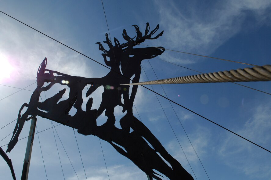 THE ENCHANTED HIGHWAY, N.D. – The male deer, or buck, in the sculpture called “Deer Crossing” is 70 ft. tall. “Deer Crossing” is one of the seven metal sculptures by artist Gary Greff along the Enchanted Highway. The enchanted highway stretches south from exit 72 on Interstate 94 to Regent, N.D. (U.S. Air Force photo by Tech. Sgt. Thomas Dow)