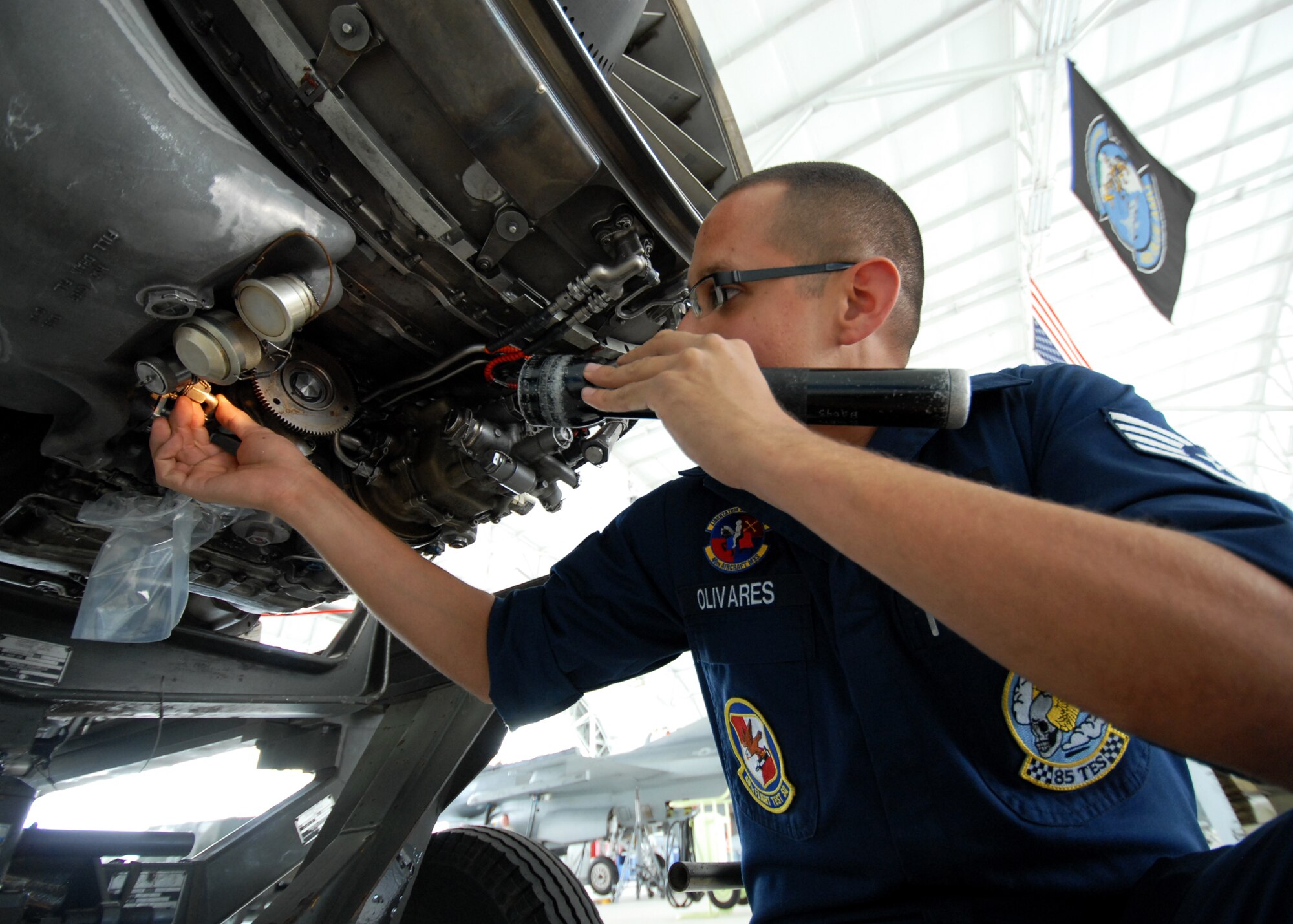 Congratulations to Staff Sgt. Ernest Olivares, 46th Aircraft Maintenance Squadron, on being selected as the Crew Chief of the Year for the wing.  Sergeant Olivares was most proud of having his aircraft fly chase with the F-35 test aircraft in April 2009.  (U.S. Air Force photo/Samuel King Jr.)