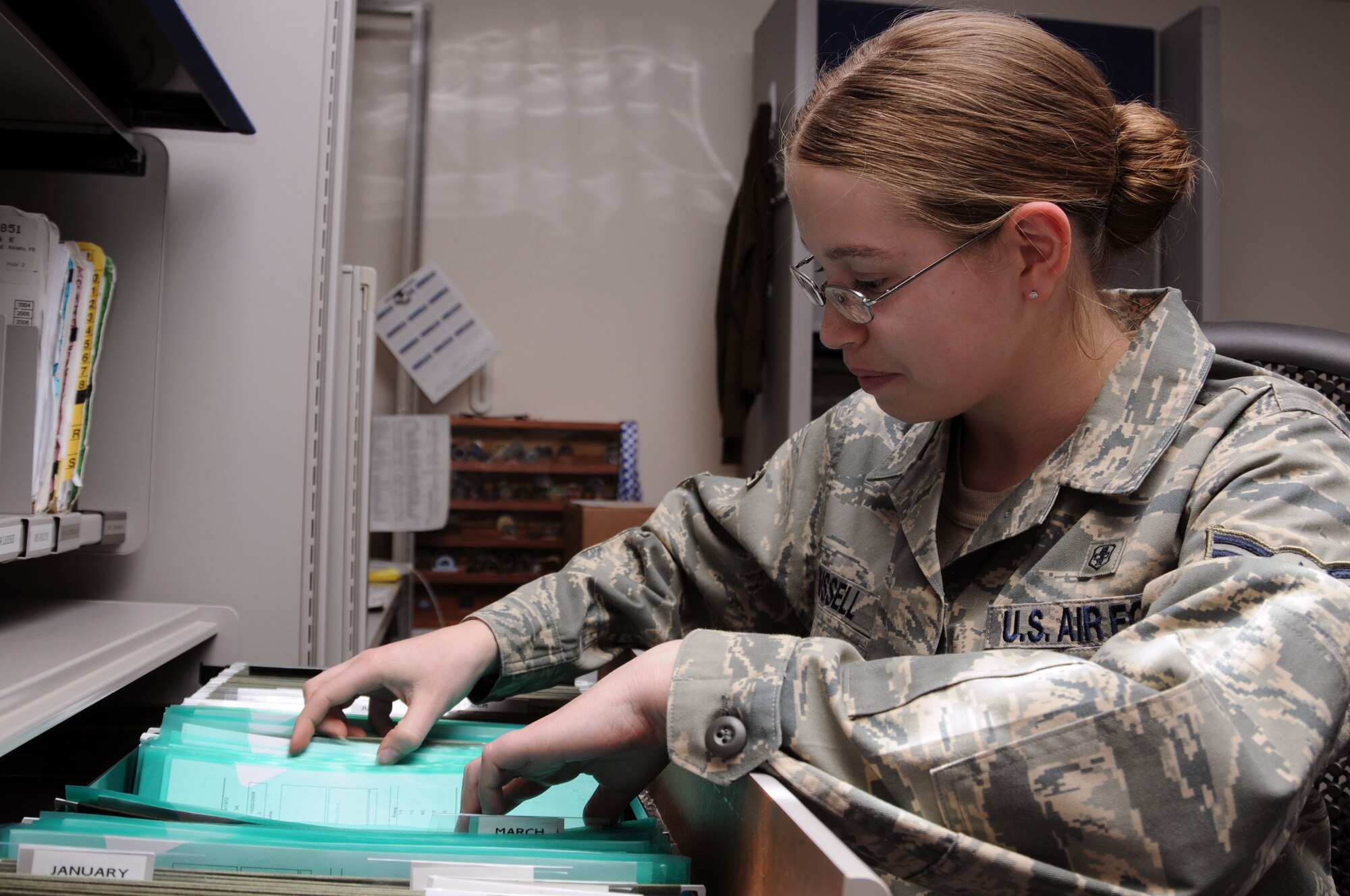 Airman 1st Class Jackilyn Russell, 48th Medical Group medical technician, prepares to review a web health assessment April 19. The web health assessment educates patients on health benefits and how to improve their lifestyles.(U.S. Air Force photo by Airman 1st Class Lausanne Morgan)

