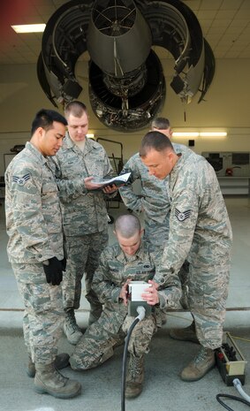 U.S. Air Force Staff Sgt. Matthew Blackwell, right, gives instruction to Staff Sgt. Donald Coughenour, center, during an engine change class at the 373rd Training Squadron’s Detachment 5 here April 1, 2010. The class focused on training propulsion technicians with experience on other Air Force airframes how to perform maintenance on C-17 engines. Sergeant Blackwell is an instructor with the 373 TRS and Sergeant Coughenour is a student. (U.S. Air Force photo/Staff Sgt. Daniel Bowles)