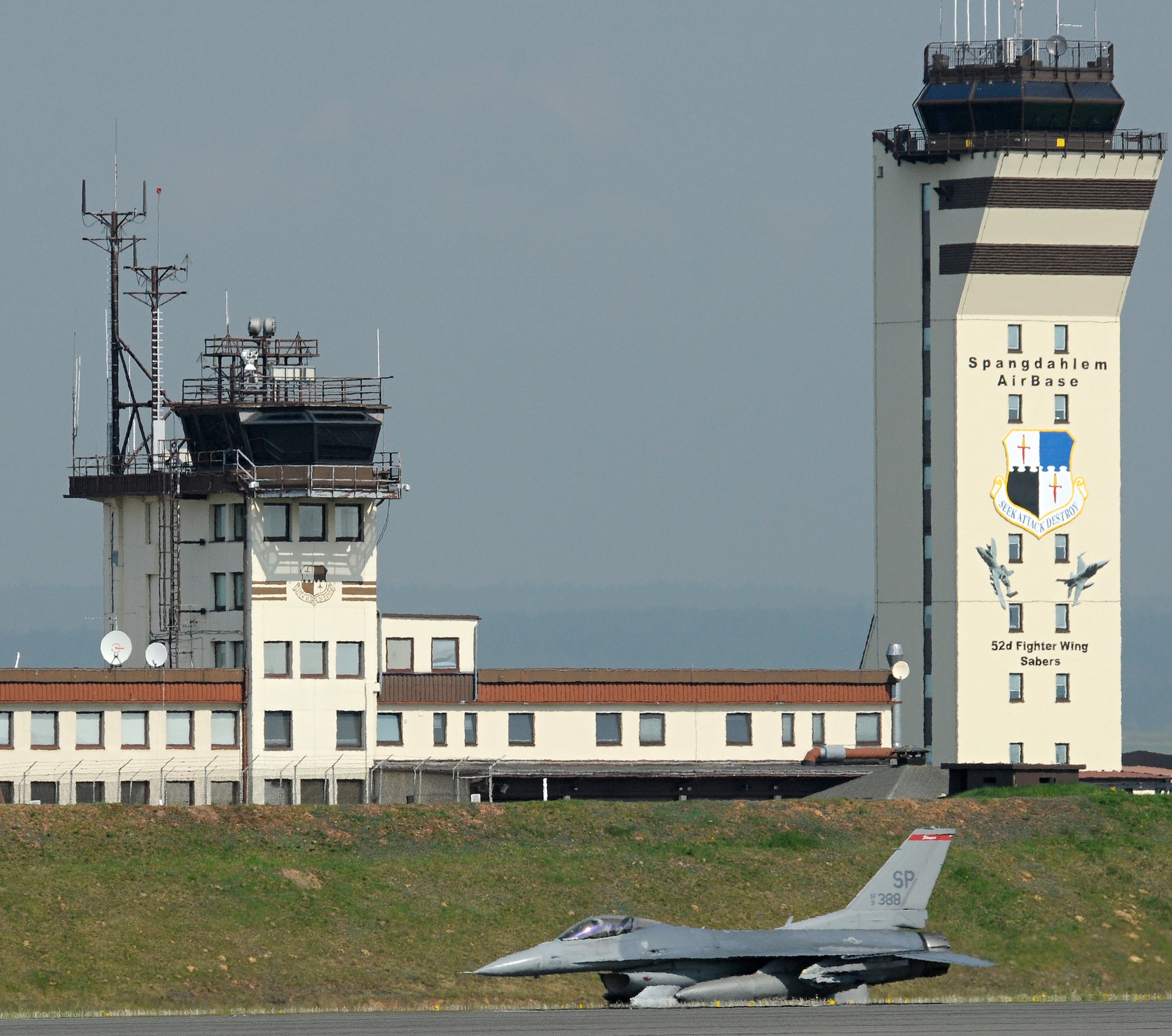 SPANGDAHLEM AIR BASE, Germany – An F-16 Fighting Falcon taxis past the control tower on the flightline here April 27. Six F-16s permanently departed Spangdahlem Air Base for 148th Fighter Wing, Minnesota Air National Guard, Duluth, Minn., as part of the Combat Air Forces Restructuring plan. The six aircraft were the first of 21 to depart the base. (U.S. Air Force photo/Senior Airman Benjamin Wilson)