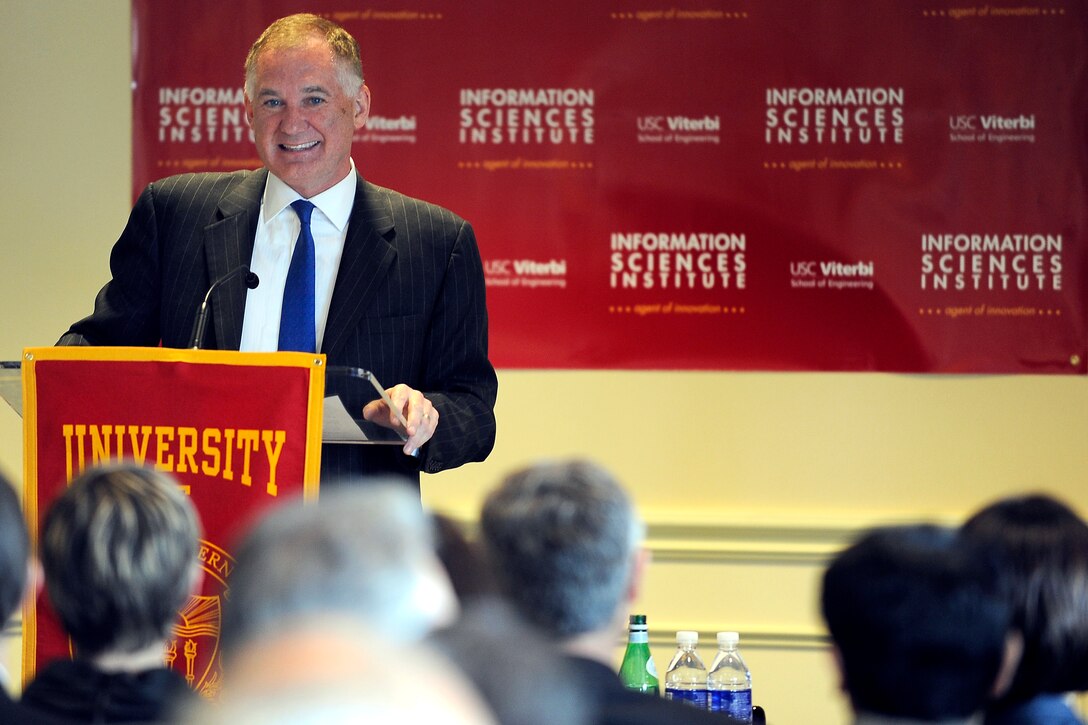 Deputy Defense Secretary William J. Lynn III gives his remarks to the Los Angeles Executive Forum sponsored by InfraGard, a public-private partnership sponsored by the FBI, in Los Angeles, Calif., April 27, 2010.