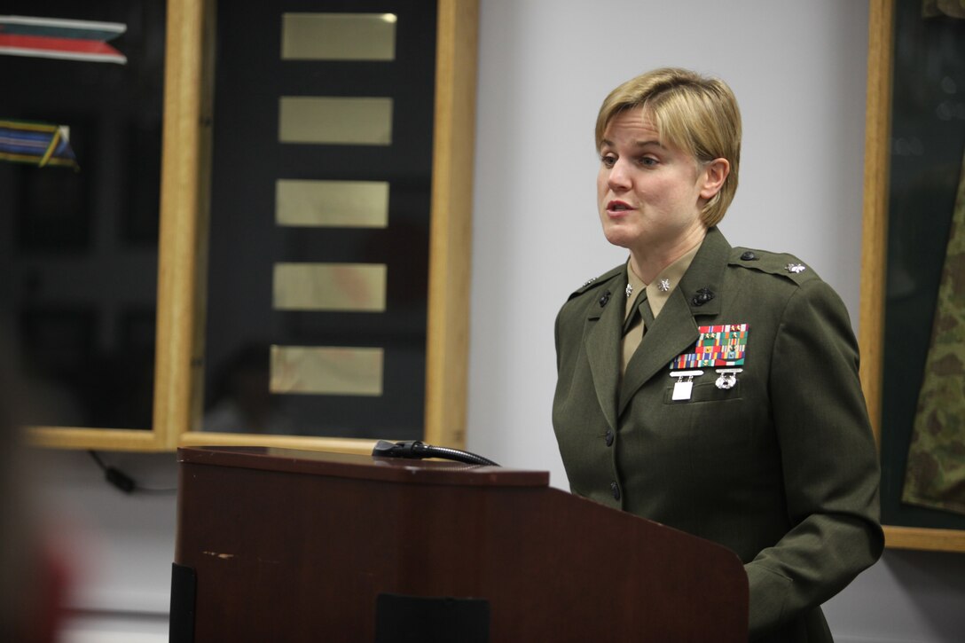 Lt. Col. Susan B. Seaman, battalion commander of Headquarters and Support Battalion, Marine Corps Base Camp Lejeune, expresses her appreciation and gratitude in a speech to family readiness volunteers during the Volunteer Appreciation Dinner at the Paradise Point Officers’ Club aboard MCB Camp Lejeune, April 29.  The dinner recognized volunteers who make it their mission to offer strong support to military families.