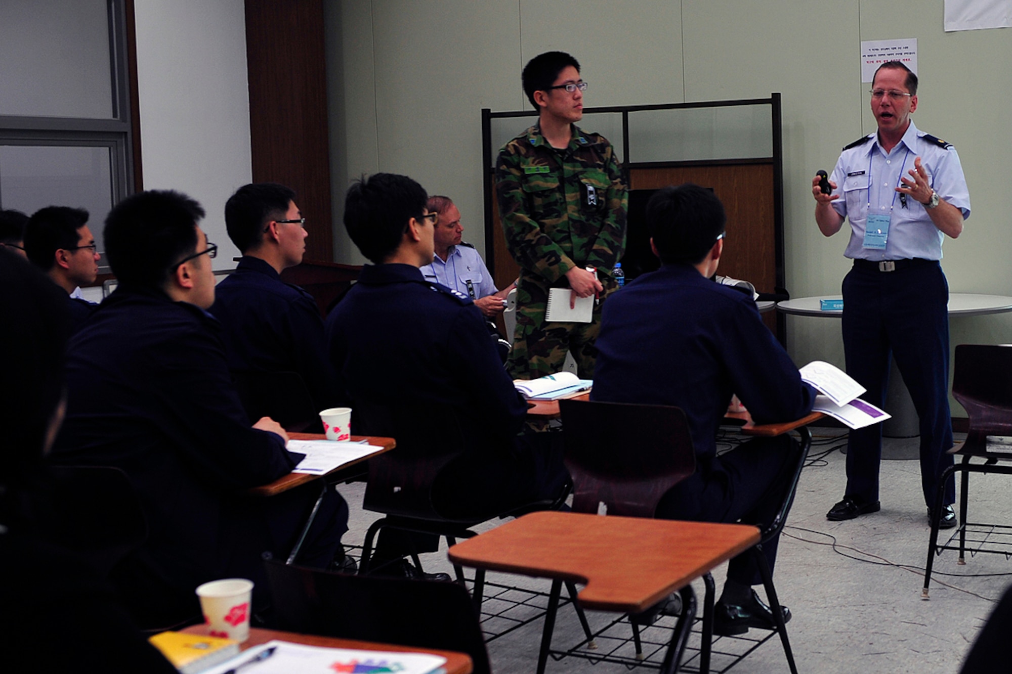 Maj. Randall Jamieson, a chaplain from Seymour Johnson AFB, N.C., speaks to a group of Republic of Korea Air Force chaplains during Applied Suicide Intervention Skills Training April 27. (U.S. Air Force photo/Staff Sgt. Eunique Stevens)