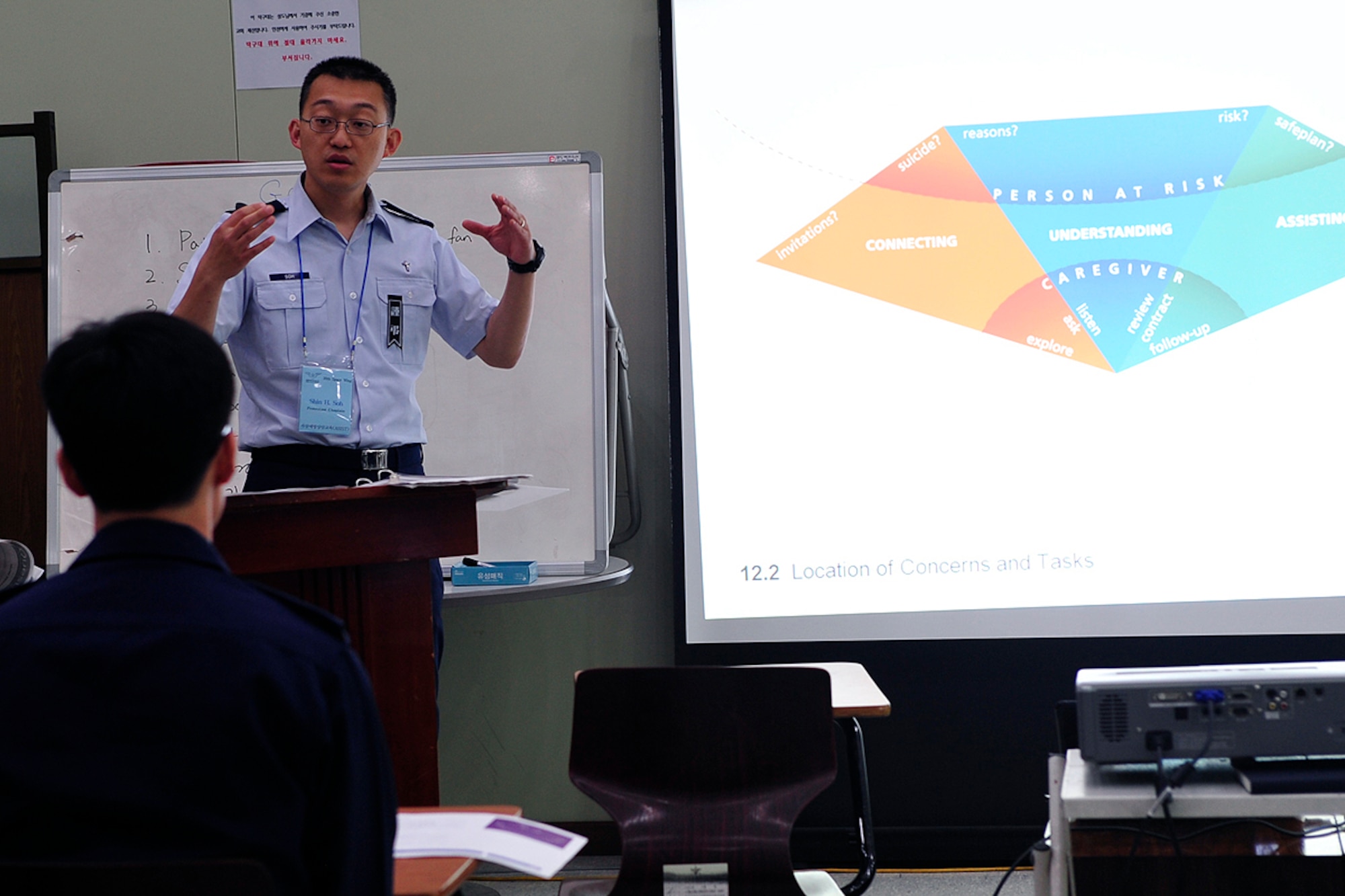 Capt. Shin Soh, a chaplain from Vandenberg AFB, Calif., speaks to a group of Republic of Korea Air Force chaplains during Applied Suicide Intervention Skills Training April 27. (U.S. Air Force photo/Staff Sgt. Eunique Stevens)