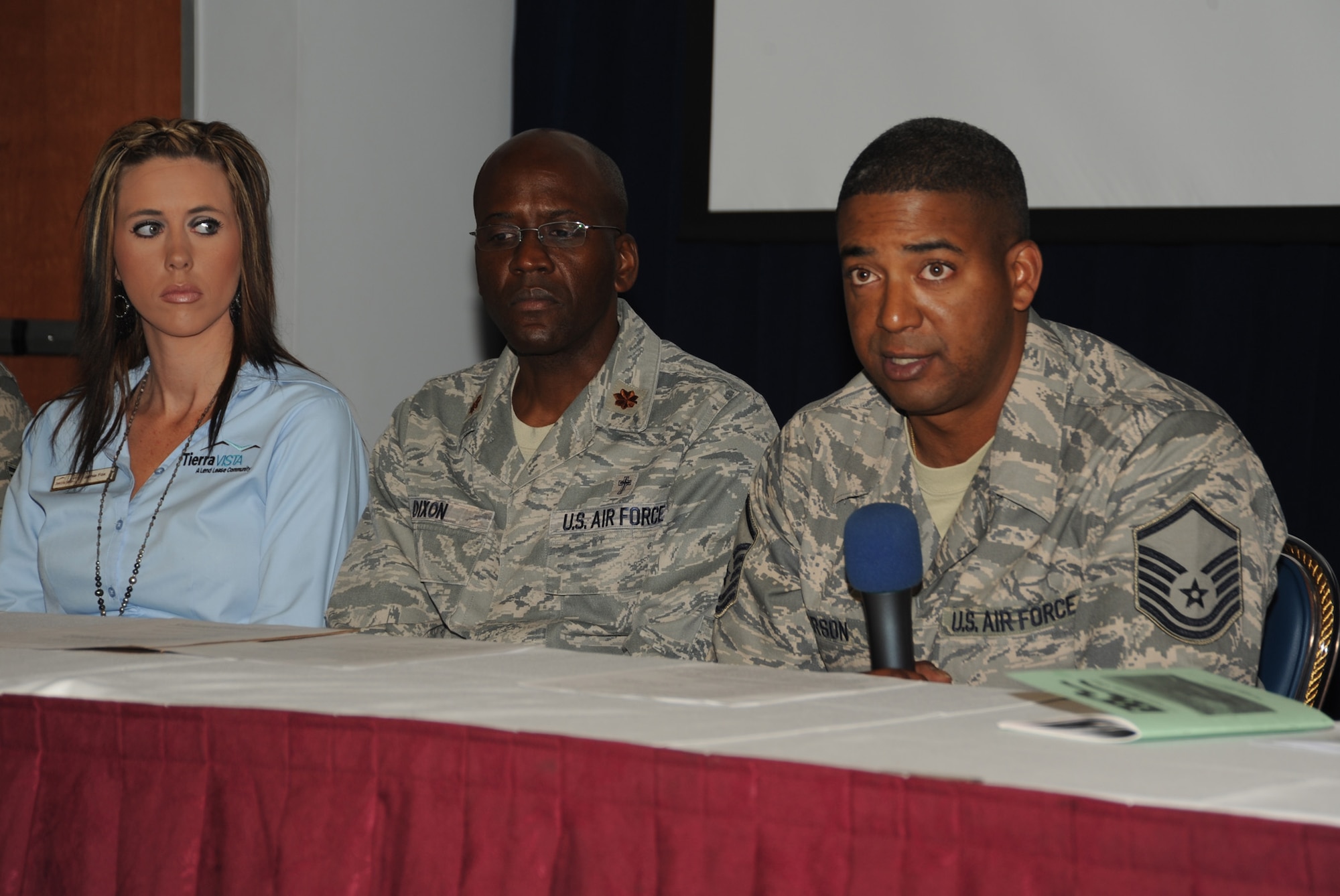 Master Sgt. Marc Person, Airman and Family Readiness Center NCO, addresses senior leaders at the IDS Commander’s Information Forum, April 28. Also pictured is Chaplain Calvin Dixon and Jamie Fox, Tierra Vista Housing.  A&FRC, the Chapel, Tierra Vista, LAAFB Spouses Club and other helping agencies provided information about their programs and how leadership can help deployed members’ families. (Photo by Joe Juarez)