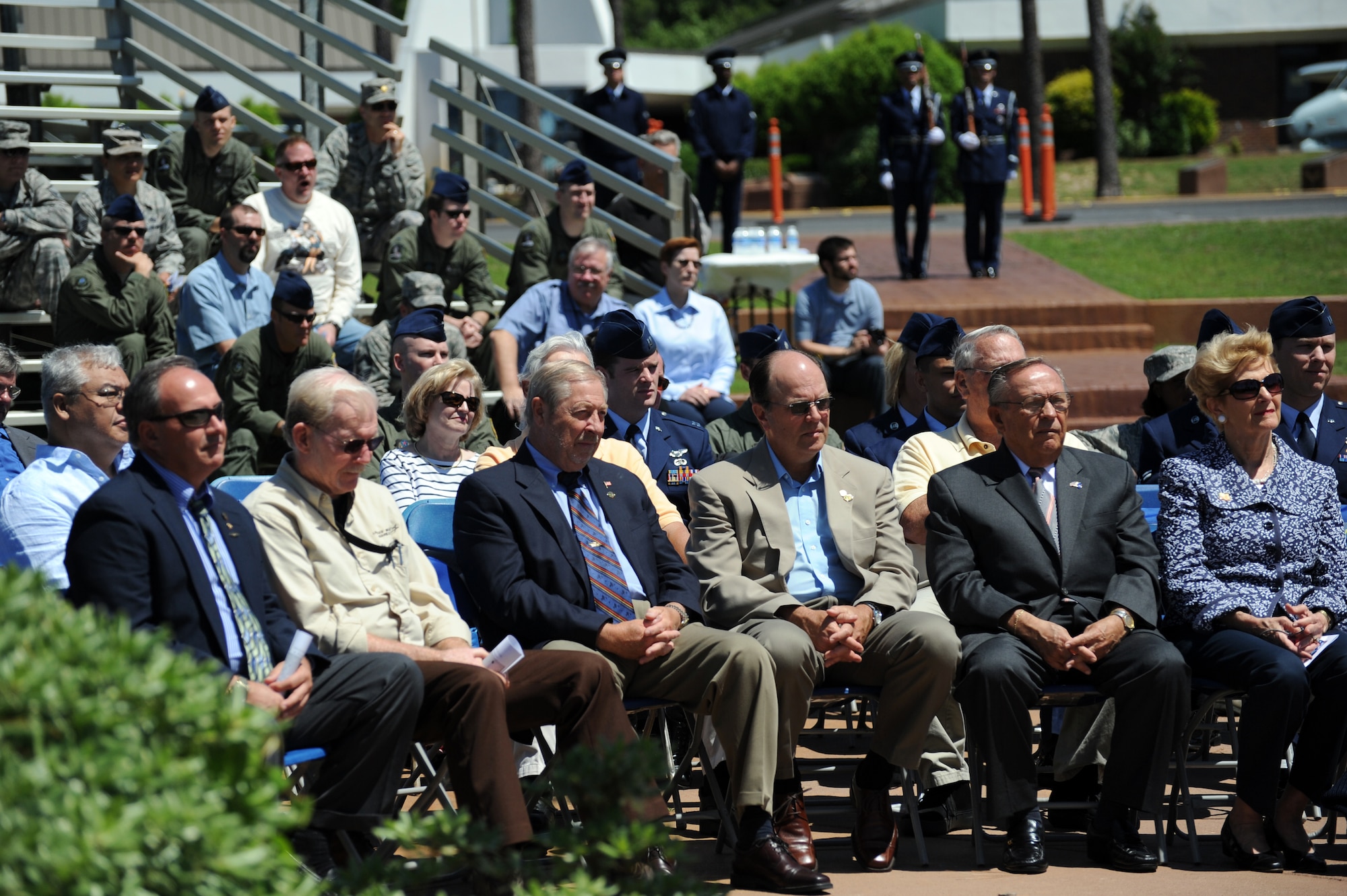 Retired particiapnts of Operation Eagle Claw listen as retired Colonel Roland Guidry talks about the operation during a memorial ceremony April 29. Operation Eagle Claw, conducted April 24, 1980, was a complex mission to rescue U.S. citizens taken hostage in the U.S. embassy in Iran.  Tragically, the attempt ended in the death of eight service members, including five from Hurlburt Field’s 1st Special Operations Wing. (DoD photo by U.S. Air Force Senior Airman Matthew Loken)