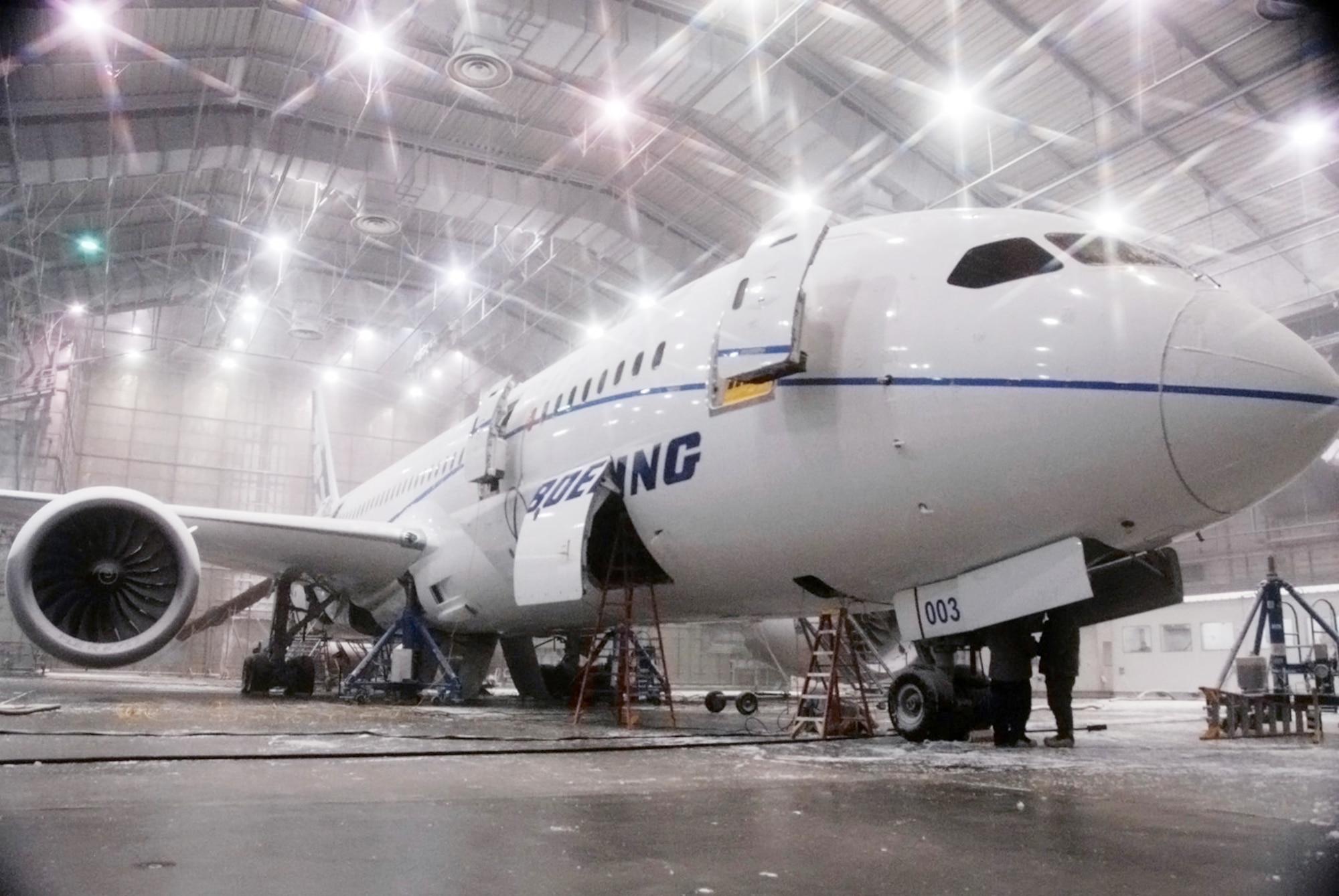 A Boeing 787 Dreamliner "soaks" in minus 45 degree temperatures inside the McKinley Climatic Lab April 22, 2010, at Eglin Air Force Base, Fla. The new aircraft is being tested in extreme heat and cold for two weeks prior to its release at the end of the year. The Climatic Lab, which began testing in 1947, is the largest climate testing facility in the world. (U.S. Air Force photo/Samuel King Jr.)