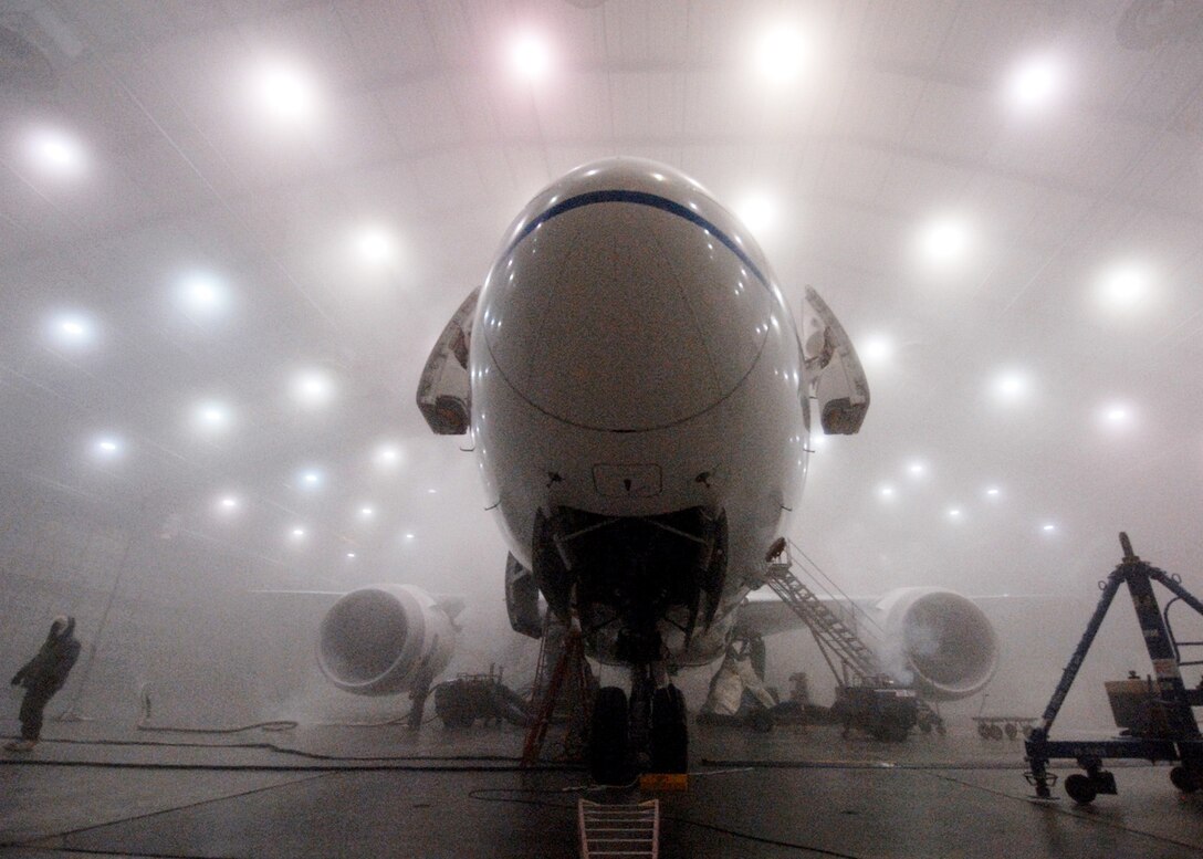 A Boeing 787 Dreamliner "soaks" in minus 45 degree temperatures inside the McKinley Climatic Lab April 21, 2010, at Eglin Air Force Base, Fla. The new aircraft is being tested in extreme heat and cold for two weeks prior to its release at the end of year. The Climatic Lab, which began testing in 1947, is the largest climate testing facility in the world. (U.S. Air Force photo/Samuel King Jr.)