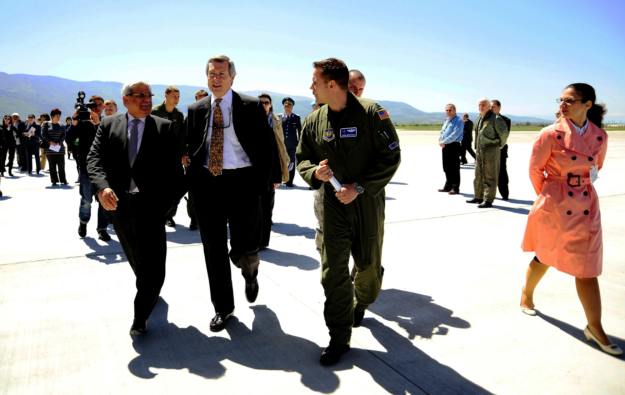 Capt. Adam Wantuck escorts Bulgarian Minister of Defense Anu Anguelov and U.S. Ambassador to Bulgaria James B. Warlick Jr. to a static display of a C-130J Hercules during Operation Thracian Spring 2010's media day April 27, 2010, at Plovdiv Airport in Bulgaria. Captain Wantuck is a C-130J pilot from the 37th Airlift Squadron. (U.S. Air Force photo/Master Sgt. Quinton T. Burris)