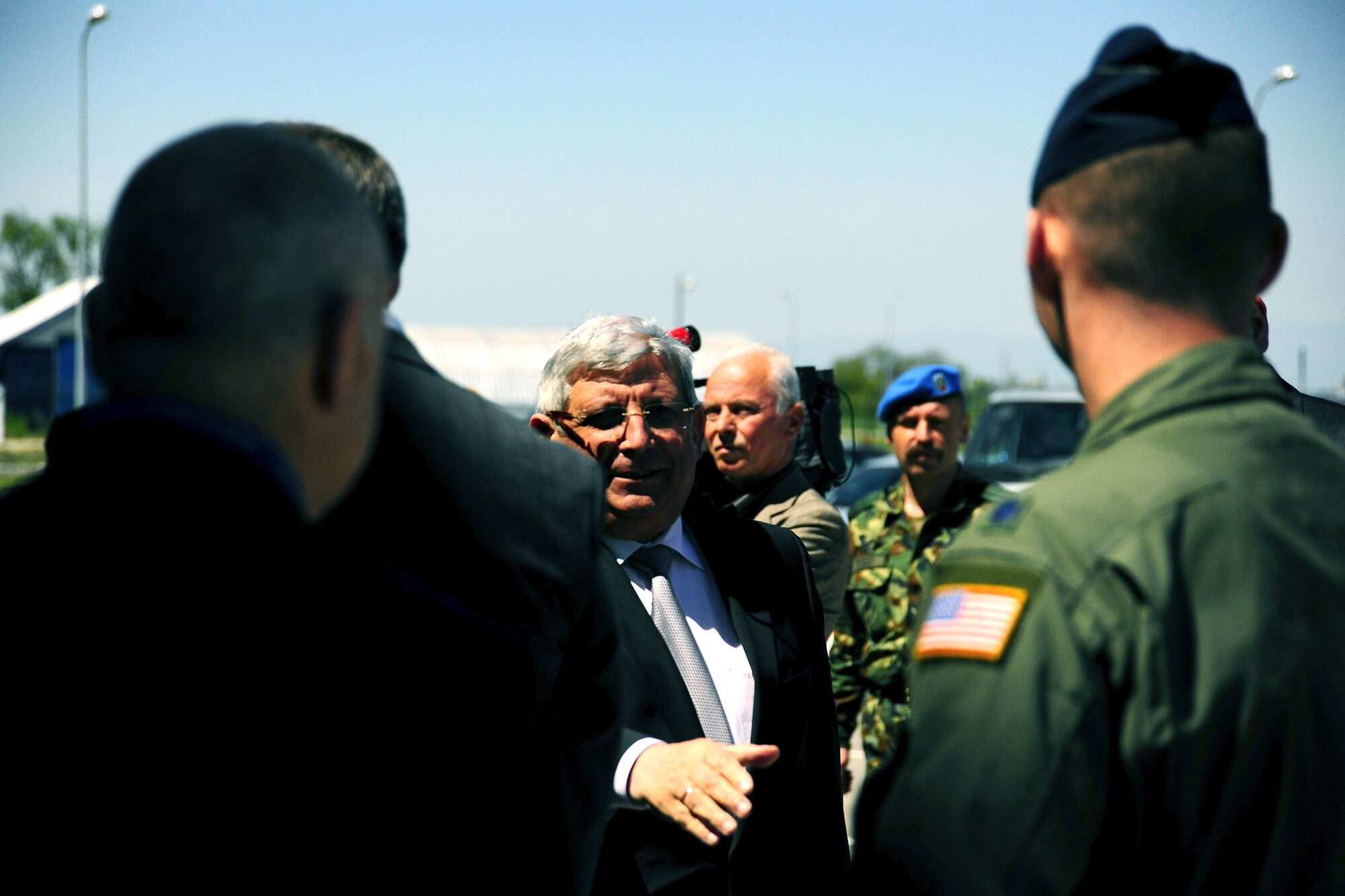 Bulgarian Minister of Defense Anu Anguelov greets Lt. Col. Matthew Wehner during Operation Thracian Spring 2010's media day April 27, 2010, at Plovdiv Airport in Bulgaria. Colonel Wehner is the 37th Airlift Squadron deployed commander. (U.S. Air Force photo/Master Sgt. Quinton T. Burris)