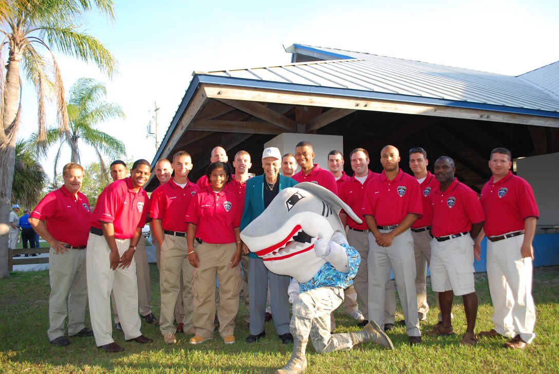 Maj. Eric Yarrell (center, above Snark) is all smiles as he poses with members of the 45th Space Wing Guardian Challenge team and some civilian supporters. Maj. Yarrell introduced his team to members of the Brevard County Civilian/Military Council during their monthly meeting held at Kiwanis Park April 22. Next to Major Yarrell is Mr. Donald Williams, an original member of the famed Tuskegee Airman. At the far left, is Chris “Prez” Bailey, president of the local Air Force Association Chapter. (U.S. Air Force photo/Chris Calkins)
