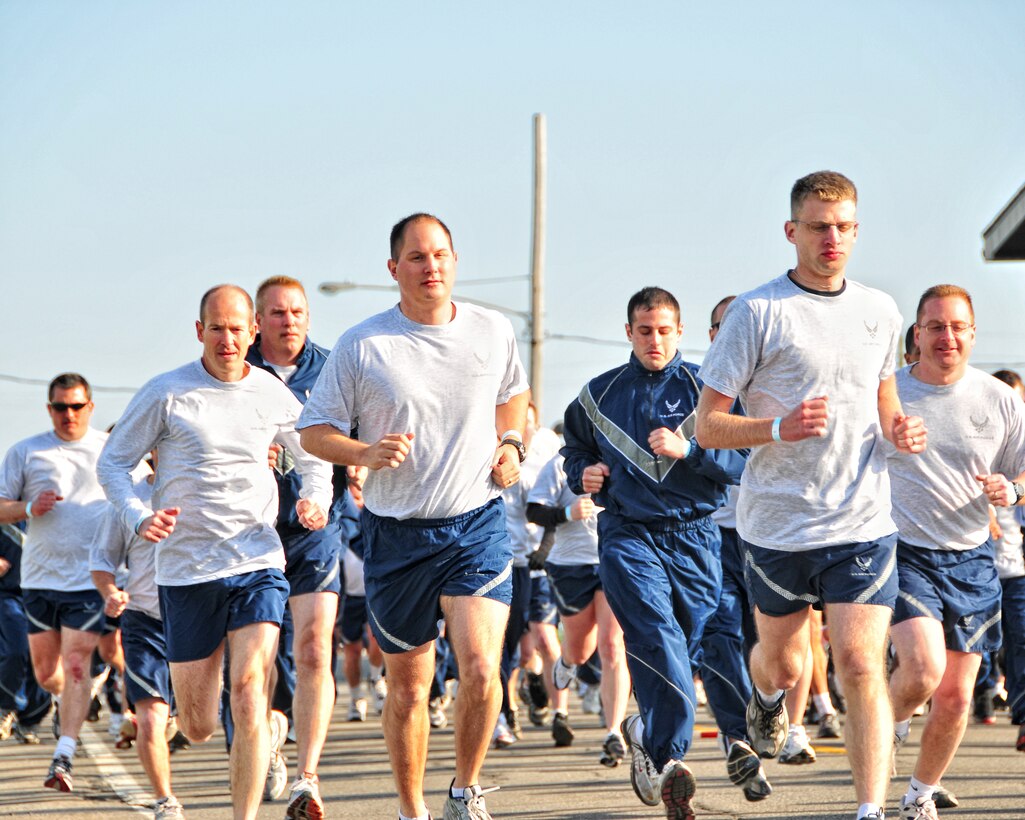 Members of the 914th Airlift Wing participate in the first bi-annual Air Force physical fitness test, April 11, 2010, Niagara Falls Air Reserve Station, Niagara Falls NY. The physical fitness test has been modified as part of the new Air Force Fit to Fight program The new changes are some of the most significant the Air Force has implemented in the last five years. These changes include the test being held twice a year and more focus on aerobic fitness.  As added incentive Air Force members scoring 90 and above and meeting all component minimum requirement are authorized to wear a patch on their right sleeve of their PT uniform. (U.S. Air Force photo by Staff Sgt. Joseph McKee)