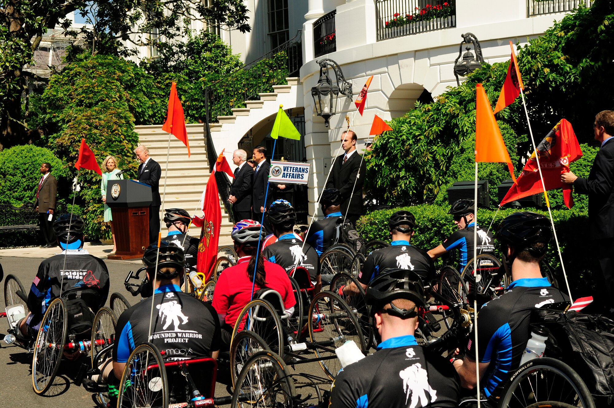 Vice President Joe Biden speaks to the 28 wounded warriors, nearly 600 active duty servicemembers, family members and caregivers before the 4th Annual Whitehouse to Lighthouse Wounded Warrior Soldier Ride April 28. The three-day bicycle, hand-bicycle and wheelchair ride began at the White House and ends Saturday at the U.S. Naval Academy in Annapolis, Md. (U.S. Air Force photo by Airman 1st Class Katherine Windish) 