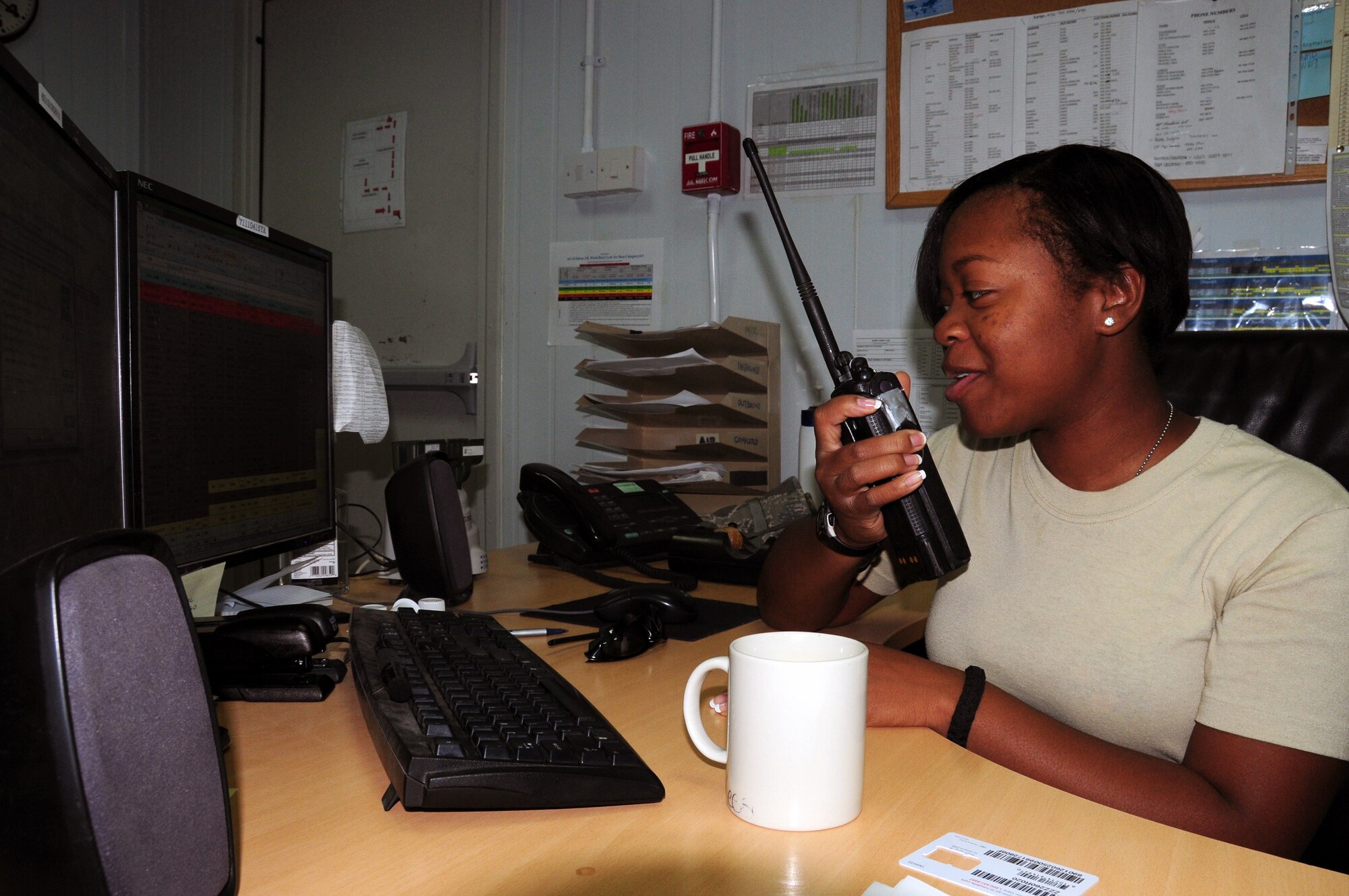 U.S. Air Force Senior Airman Lacresha Reese of the 386th Expeditionary Logistics Readiness Squadron Aerial Port performs cargo dispatch duties April 27, 2010 at an undisclosed location in Southwest Asia. The 386th ELRS Aerial Port team works around the clock, processing an average of 60,000 passengers and five and a half tons of cargo in and out of the U.S. Central Command area of responsibility a month.(U.S. Air Force photo by Staff Sgt. Lakisha A. Croley/Released)