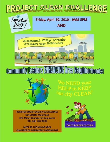 MINOT, N.D. -- This year's annual Minot clean up event is scheduled for Friday April 30 and Saturday May 1. The Project CLEAN group identifies the different areas around town and leading into town that are in desperate need of clean up. (Courtesy graphic)
