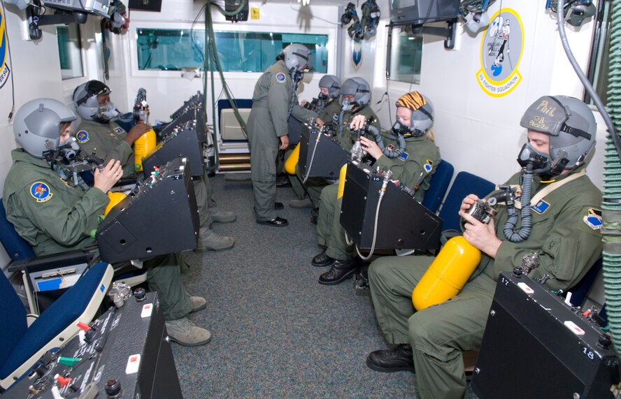TYNDALL AIR FORCE BASE, Fla. -- Local and regional aircrew members receive hands-on training using low pressure, gaseous, walk-around bottle assemblies during hypobaric chamber training at Tyndall Air Force Base, Fla., in July 2009. The 325th Fighter Wing’s mission is to provide world-class training to guarantee air dominance for America. It accomplishes this objective by training F-15C Eagle and F-22 Raptor pilots and maintenance personnel.  The wing also conducts training for F-15 and F-22 intelligence officers, officer and enlisted air traffic controllers, and air battle managers all for the Combat Air Forces.  The 325th Fighter Wing has more than 3,000 personnel and an inventory of 53 F-15s and 29 F-22s. (U.S. Air Force photo/Lisa Norman)