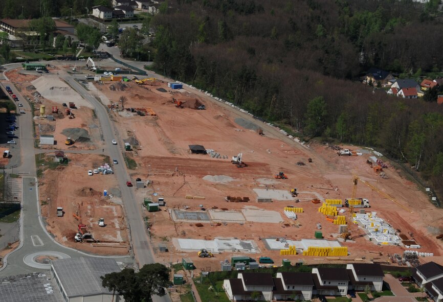 Construction continues on the Housing Area G to accommodate more families living in Vogelweh Air Station, Germany, April 27, 2010. The projects are being done to help increase mission readiness and to better the quality of life for the military family within the Kaiserslautern Military Community. (U.S. Air Force Photo by Airman 1st Class Caleb Pierce)