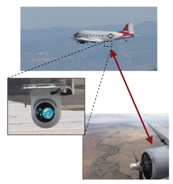 DC-3 flying with FALCON, the Fast Airborne Laser Communications Optical Node, during demonstration testing conducted over Albuquerque, New Mexico (AFRL image)
