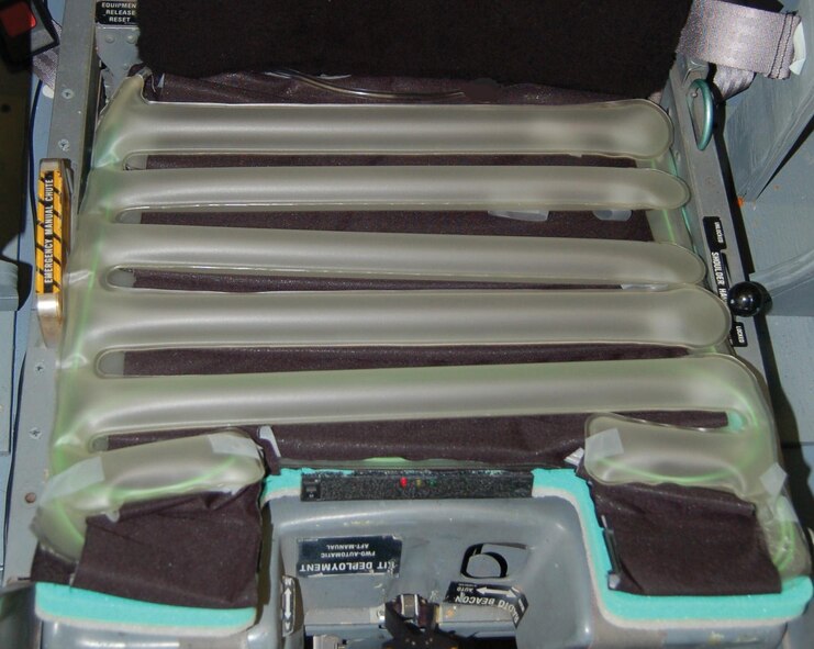 Air Force Research Laboratory engineers created the pictured seat cushion, which employs "air bladder" technology for relieving pressure and promoting proper blood flow, in response to aircrew feedback regarding the physical aches and pains of lengthy flights. (AFRL image) 