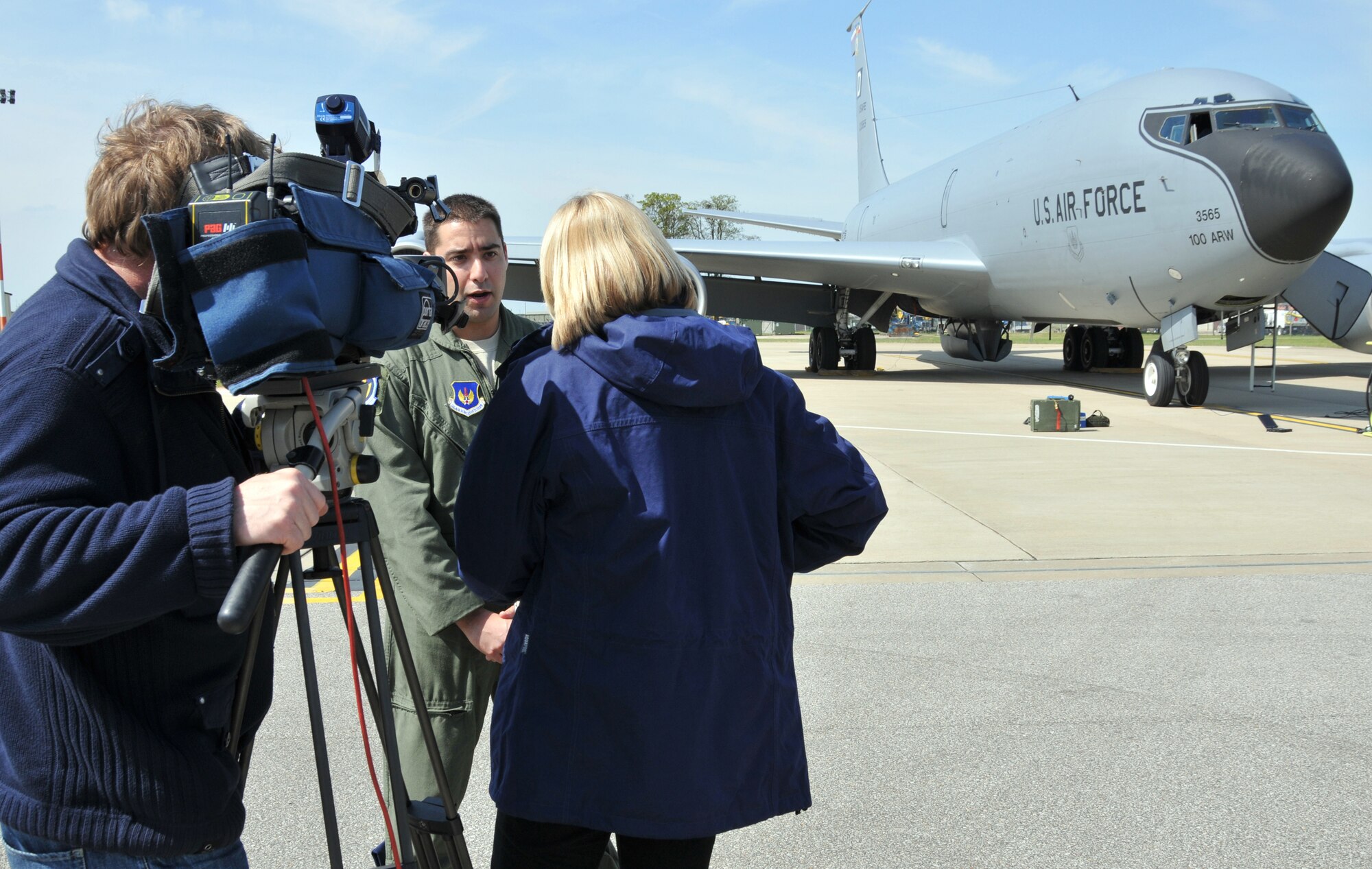 RAF MILDENHALL, England - Capt. Jonathan Uhler, 351st Air Refueling Squadron aircraft commander, is interviewed by a local television crew here after flying them during a real-world air-to-air refueling mission over the coast of England April 27. In addition to supporting 100th Air Refueling Wing and 48th Fighter Wing training requirements, this mission also supported the 100th ARW Public Affairs Media Flight Program which allows reporters to get a detailed look at the heart of the base mission and enable them to make balanced decisions in the course of their community work. (U.S. Air Force photo/Tech. Sgt. Kevin Wallace)