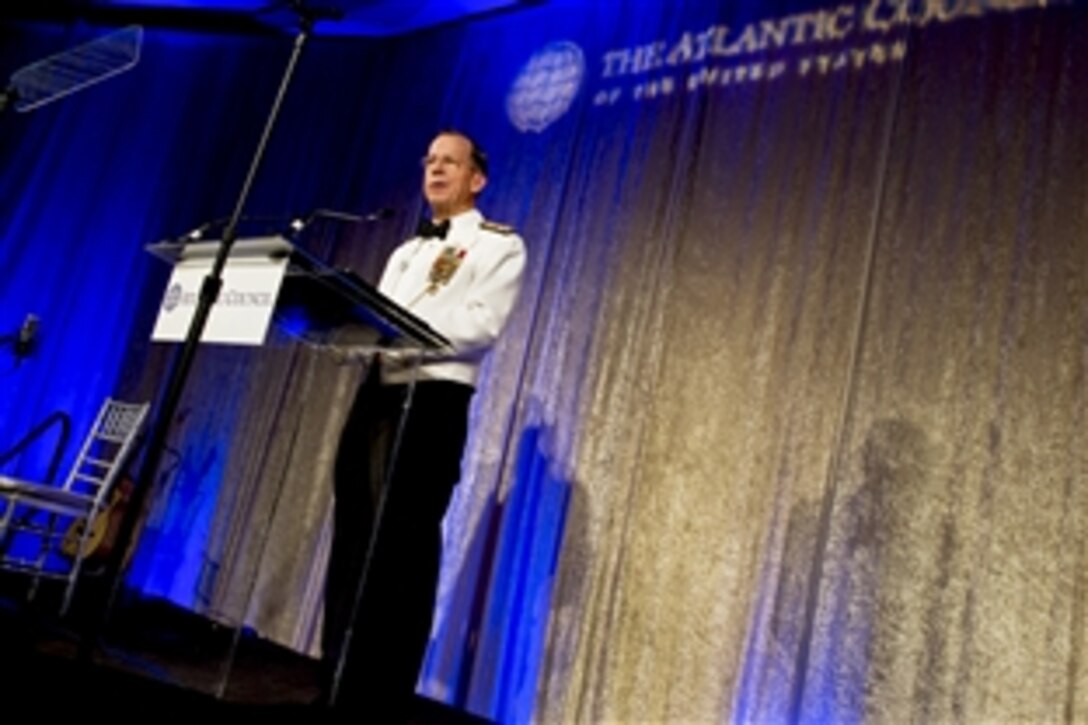 Navy Adm. Mike Mullen, chairman of the Joint Chiefs of Staff, addresses the audience at the annual Atlantic Council Awards Gala in Washington, D.C., April 26, 2010. 