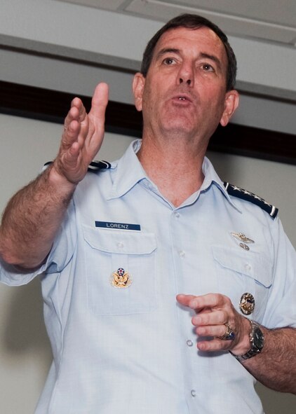 General Stephen R. Lorenz, commander of Air Education and Training Command, speaks to more than 200 33rd Fighter Wing Airmen, Marines, Sailors, contract partners and one soldier at an "all hands" call April 26 at Eglin Air Force Base, Fla.  The visit to Eglin was to check on the wing and see how the wing is taking "the opportunity to shape the future," training pilots and maintainers on the F-35.  (Courtesy photo.) 

