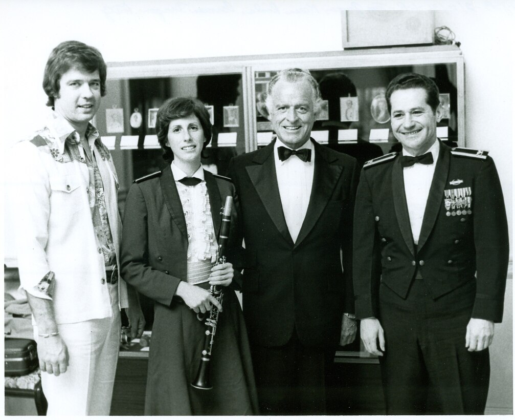 Left to Right: Tom Gauger (announcer on WMAL), Technical Sgt. Karen Erler, Carmen Dragon, Colonel Arnald D. Gabriel in the Green Room at Constitution Hall for a Guest Artist Series Performance. If you have any other stories you can share about the event, please email our Band Historian <a href="mailto:usafbandhistorian@afncr.af.mil">Technical Sgt. Tracey MacDonald</a>. Thank you and we look forward to hearing from you!  This is Photo 30. (Unknown Photographer)
