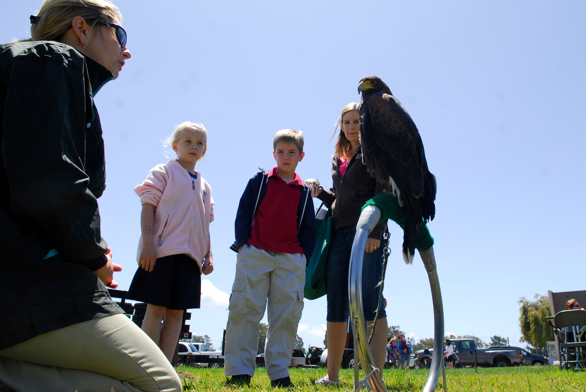 VANDENBERG AIR FORCE BASE, Calif. -- Kim Olson, a falconer on base, teaches Jennifer Williams and her children, Ethan and Emma, how hawks help clean up the environment during Vandenberg's 10th Annual Earth Day event in front of the base library here Wednesday, April 29, 2010.  One way hawks help the environment is by scaring away animals that create health hazards for the employees at the base landfill.  (U.S. Air Force photo/Senior Airman Andrew Satran) 

 

 

 
