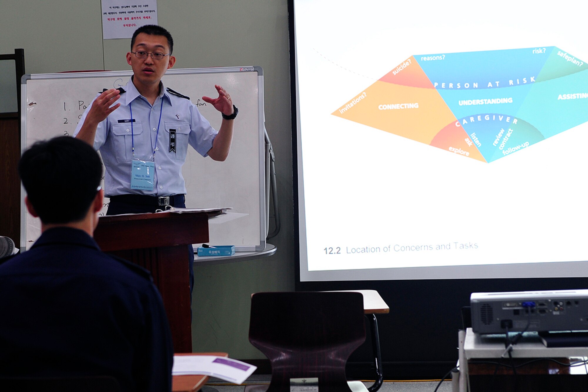 Chaplain (Capt.) Shin Soh speaks to a group of South Korean air force chaplains April 27, 2010, during Applied Suicide Intervention Skills Training at Osan Air Base, South Korea.  Chaplain Soh is from Vandenberg Air Force Base, Calif.  (U.S. Air Force photo/Staff Sgt. Eunique Stevens)