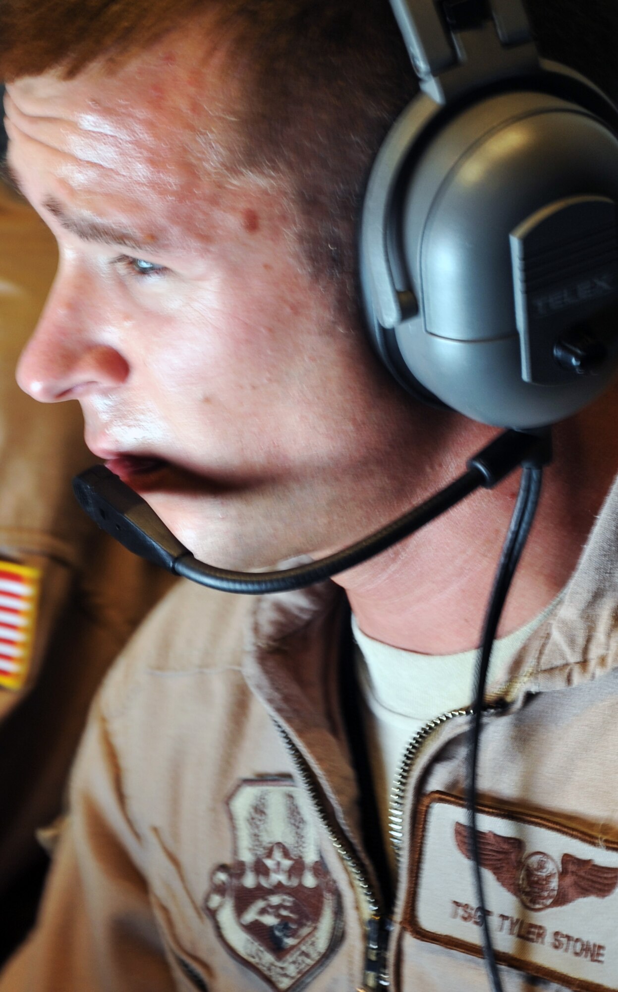 Tech. Sgt. Tyler Stone, KC-10 Extender boom operator with the 908th Expeditionary Air Refueling Squadron, refuels aircraft while flying an air refueling mission from a non-disclosed base on Southwest Asia on April 24, 2010. Sergeant Stone is deployed from the 2nd Air Refueling Squadron at Joint Base McGuire-Dix-Lakehurst, N.J., and his hometown is Red Hill, Penn. (U.S. Air Force Photo/Master Sgt. Scott T. Sturkol/Released)