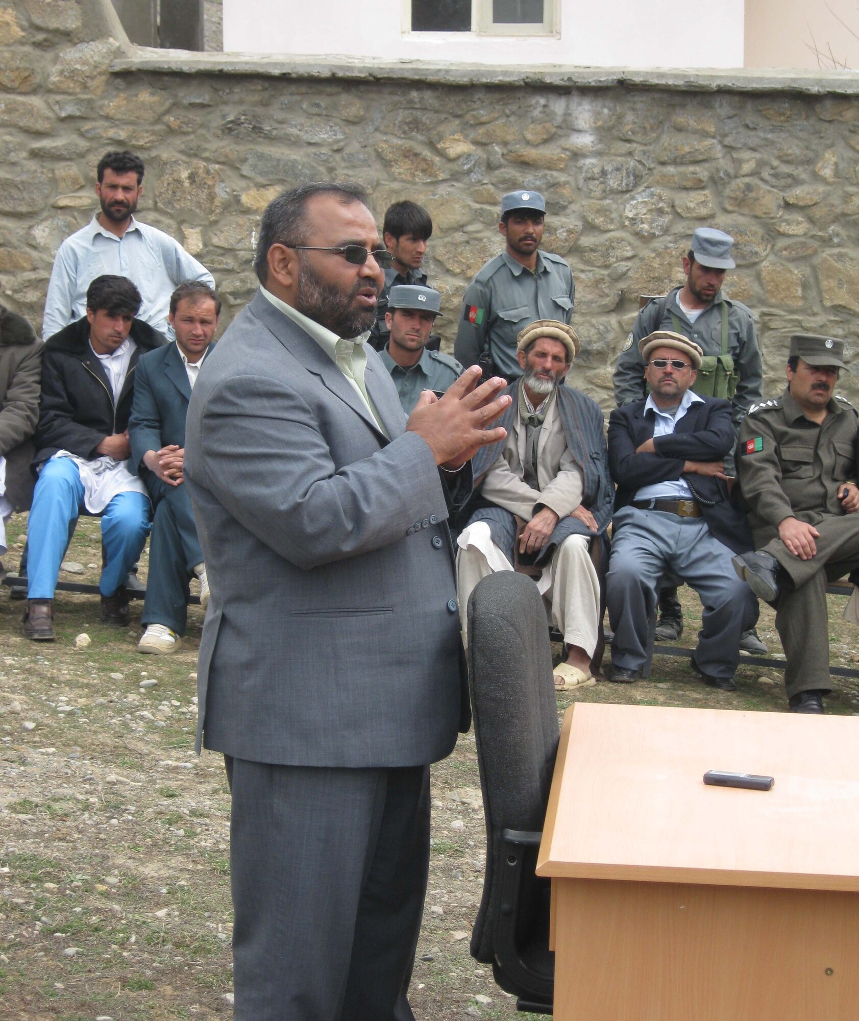 Panjshir Province Acting Governor Abdul Rahman Kabiri gives a speech before cutting the ribbon on the new Maternal Health Center in the Paryan District of the Panjshir Province, Afghanistan, April 7. The project has been in the works for more than two years and cost about $75,000. (U.S. Air Force photo by 2nd Lt. Jason Smith, PRT Panjshir Public Affairs)