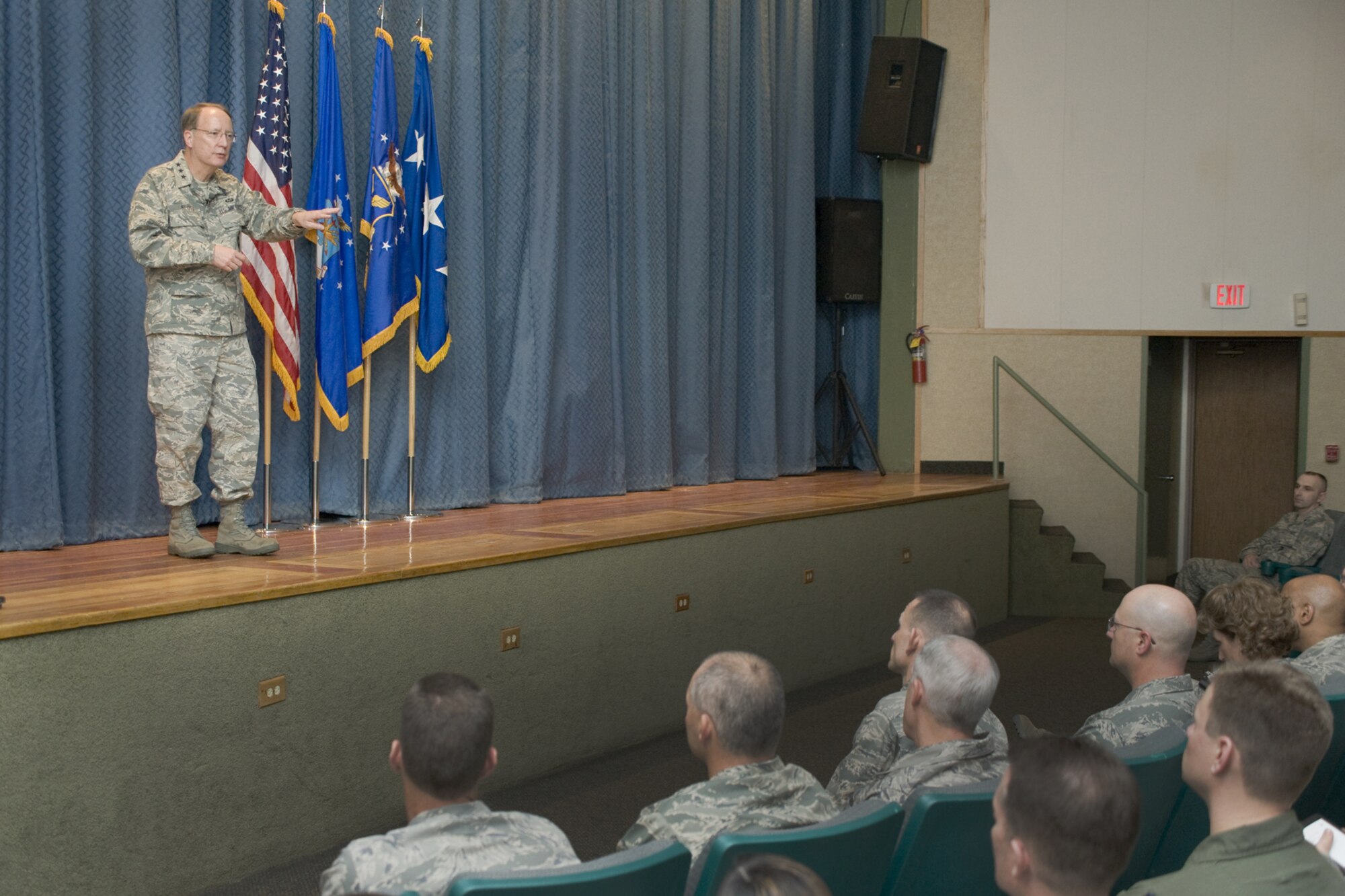 Lt. Gen. Frank Klotz, Air Force Global Strike Command commander, speaks with members of the 341st Missile Wing during a commander's call April 21. (U.S. Air Force photo/Beau Wade)