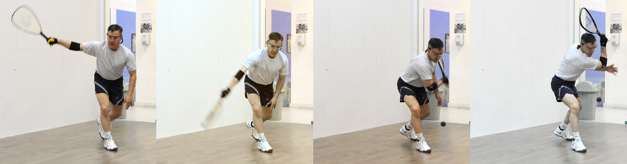 Master Sgt. Fred Rogers, 379th Expeditionary Maintenance Operations Squadron wing maintenance scheduler, demonstrates his swing before participating in a racquetball tournament at a non-disclosed Southwest Asia location April 26, 2010. Sergeant Rogers is a member the U.S. Air Force Racquetball Team. (U.S. Air Force photo illustration by Senior Airman Kasey Zickmund)[RELEASED]