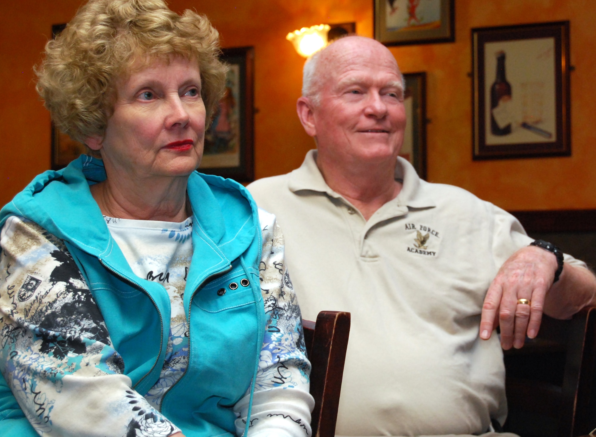 Barbara and Bill Riley listen to Falcons football head coach Troy Calhoun discuss the 2010 season during a Coaches' Tour stop at Jack Quinn's Irish Pub and Restaurant July 29, 2010, in downtown Colorado Springs, Colo. Topics in the discussion included the Indoor Training Facility, the 2010 schedule and the football program's role in creating leaders of character. Mr. Riley is a 1966 graduate of the Academy. (U.S. Air Force photo/Staff Sgt. Don Branum)