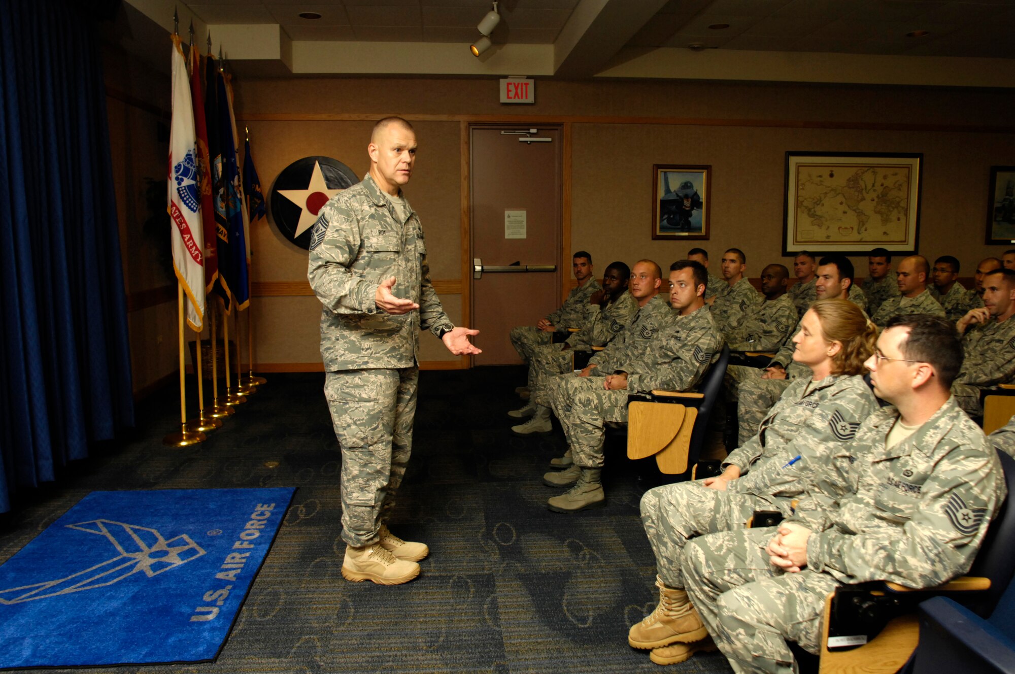 JOINT BASE PEARL HARBOR HICKAM, Hawaii – Chief Master Sgt. of the Air Force James A. Roy speaks with Airmen of the Hickam Professional Military Education (PME) Center during his visit here, July 30. (U.S. Air Force photo/David D. Underwood, Jr.)