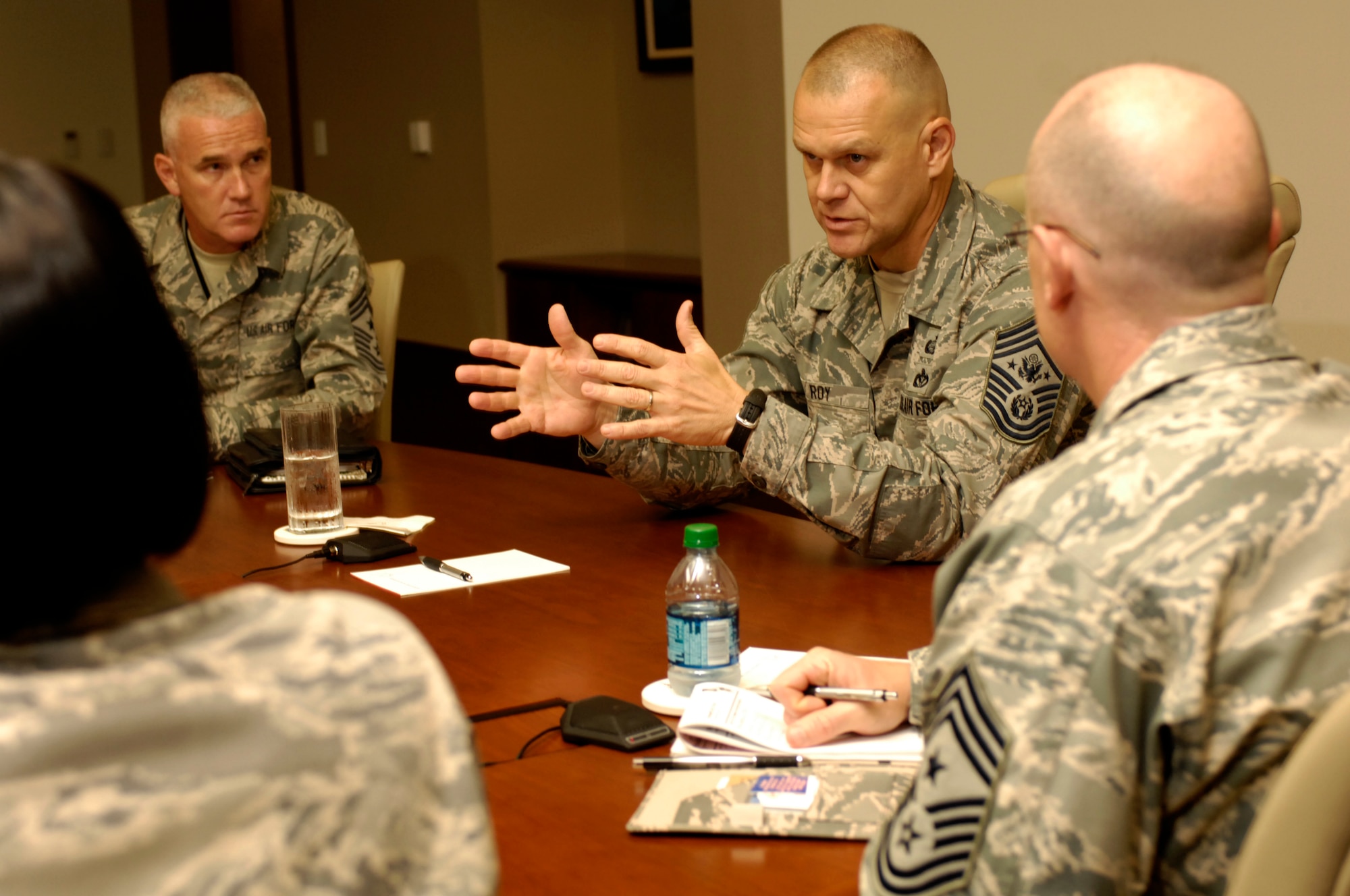 JOINT BASE PEARL HARBOR HICKAM, Hawaii – Chief Master Sgt. of the Air Force James A. Roy speaks with Headquarters Pacific Air Forces chief master sergeants at a mission briefing during his visit here, July 30.  (U.S. Air Force photo/David D. Underwood, Jr.)