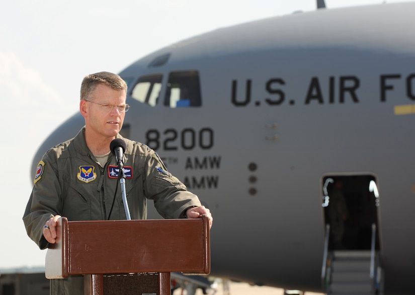 Lt. Gen. Mark Shackelford, the military deputy for the office of the Assistant Secretary of the Air Force for acquisition, officially delivered the aircraft to the McGuire Airfield after flying the aircraft from Boeing's production plant in California. (U.S. Air Force photo/Carlos Cintron)
