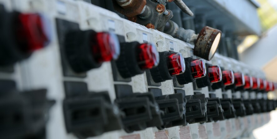 MOODY AIR FORCE BASE, Ga. -- Gas switches are used by the controller to ignite the training area used by the 23rd Civil Engineer Squadron fire emergency services flight for a live fire training exercise here July 27. Each knob controls a different section of the training area and ignites propane during training. (U.S. Air Force photo by Airman 1st class Benjamin Wiseman/RELEASED)