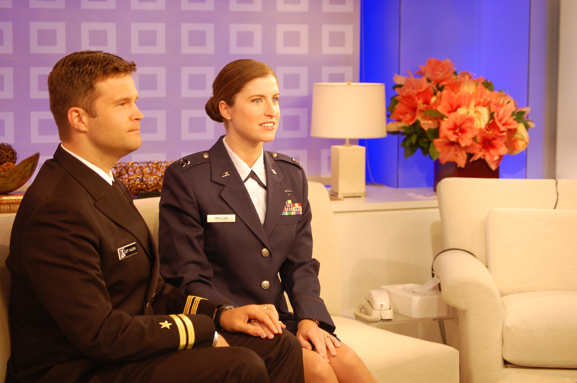 The couple makes a cameo on NBC's Today prior to going into a commercial break. Navy Lt. Jeff McLean, and his wife, Air Force Capt. Christine McLean were interviewed live on Sunday, Aug 1. (USAF photo by Maj. Shannon Mann, 916ARW/PA)