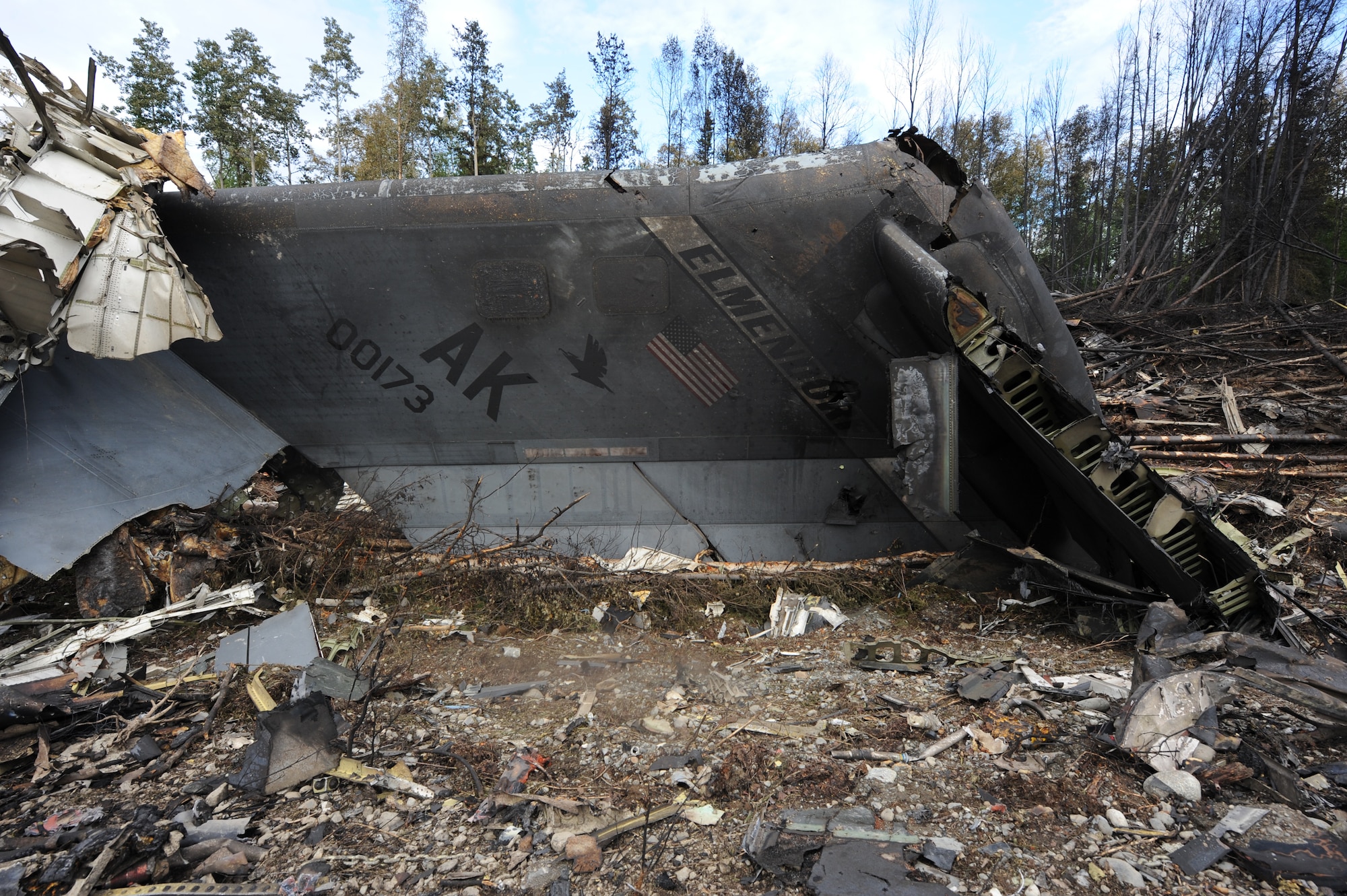 JOINT BASE ELMENDORF-RICHARDSON, Alaska --The wreckage of a 3rd Wing C-17 Globemaster III , a cargo aircraft, that crashed shortly after take-off at about 6:14 p.m. (Alaska time) during a local training mission July 28, 2010.  
The four crew members on board were killed in the crash; Majors Michael Freyholtz and Aaron Malone, pilots assigned to the Alaska Air National Guard's 249th Airlift Squadron, Capt. Jeffrey Hill, a pilot assigned to Elmendorf's 517th Airlift Squadron, and Master Sgt. Thomas Cicardo, 249th Airlift Squadron loadmaster. 
The Safety Investigation Board members have been assigned and will be fully assembled by Aug 2. The investigation is on-going and will continue for an undetermined amount of time. (Air Force photo by Senior Airman Cynthia Spalding/JBER PAO) 
