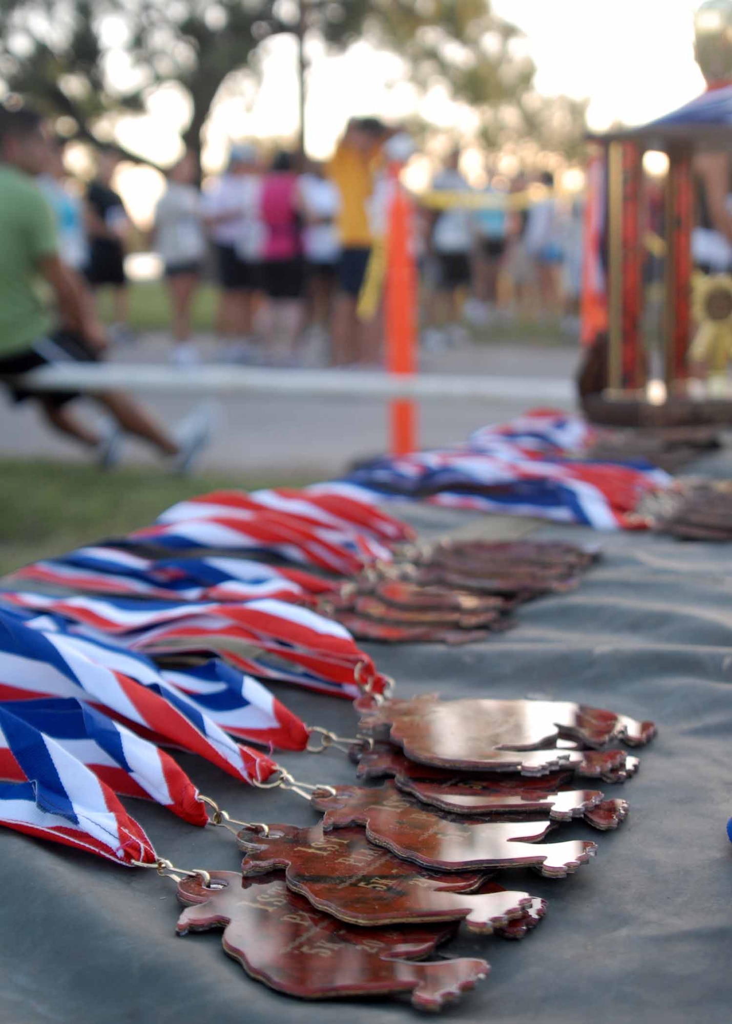GOODFELLOW AIR FORCE BASE, Texas – 1st place medals’ in the shape of a bulldog (U.S. Marine Corp mascot) awaits their new owner at the 21st Annual Bulldog Run, July 31. The event was held at the Spring Creek RV Camp and more than 150 military and civilians participated in the event. (U.S. Air Force photo/ Senior Airman Tong Duong)