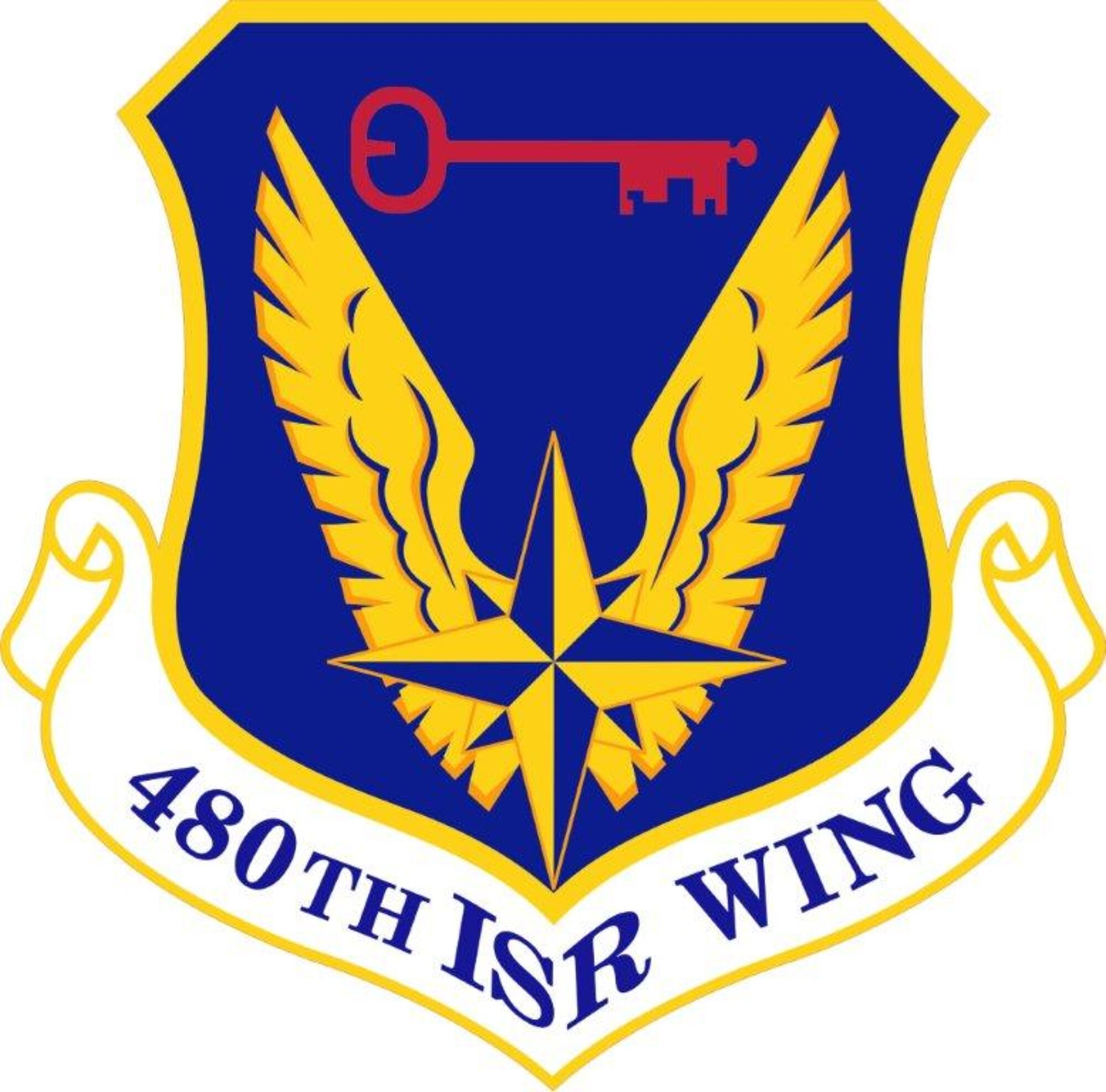 The shield of the 480th Intelligence, Surveillance and Reconnaissance Wing at Langley Air Foce Base, Va. It is a subordinate unit of the Air Force ISR Agency at Lackland Air Force Base, Texas.