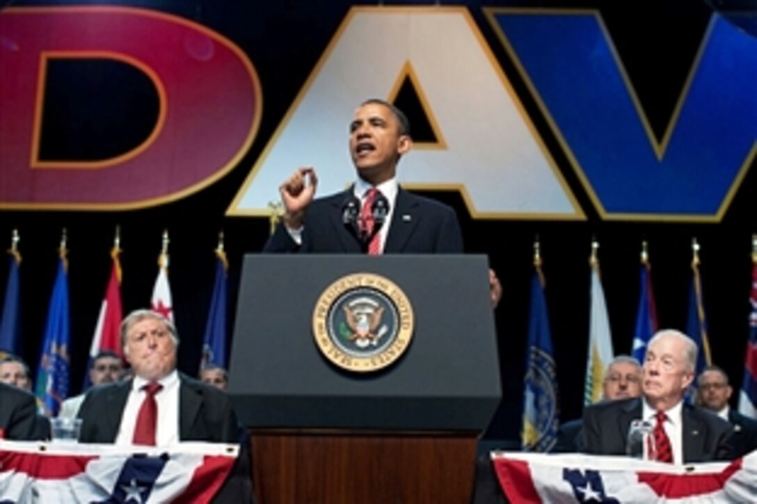 President Barack Obama speaks at the convention of Disabled American Veterans in Atlanta, Aug. 2, 2010. President Obama lauded veterans for their service and sacrifice and he praised today’s military for bringing the Iraq war to a close, as well as embracing the difficult mission ahead in Afghanistan.
 