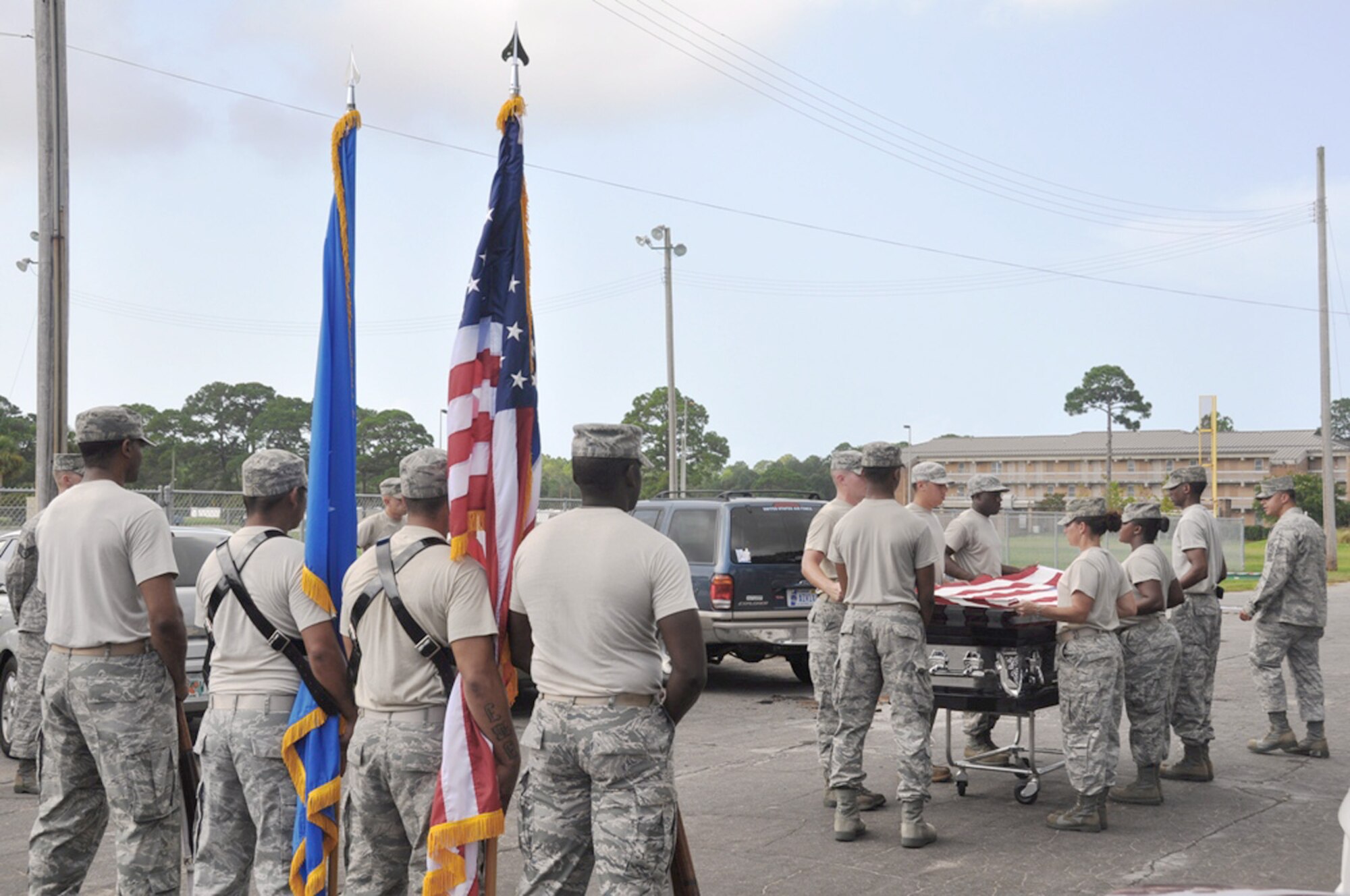 Tyndall Air Force Base Honor guard Airmen practice for active-duty funeral ceremonies with instructors from the U.S. Air Force Honor Guard. Airmen participated in a week-long training course to improve their skill and give them the ability to teach others. (U.S. Air Force photo/Senior Airman Veronica McMahon)