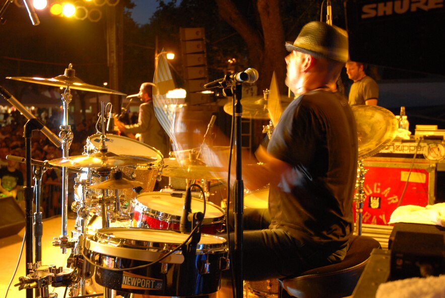 A shot from backstage shows the drummer, Stan, in action.  The AFRC sponsored the band Sugar Ray for a one night performance at the Yuba-Sutter Fair July 31.