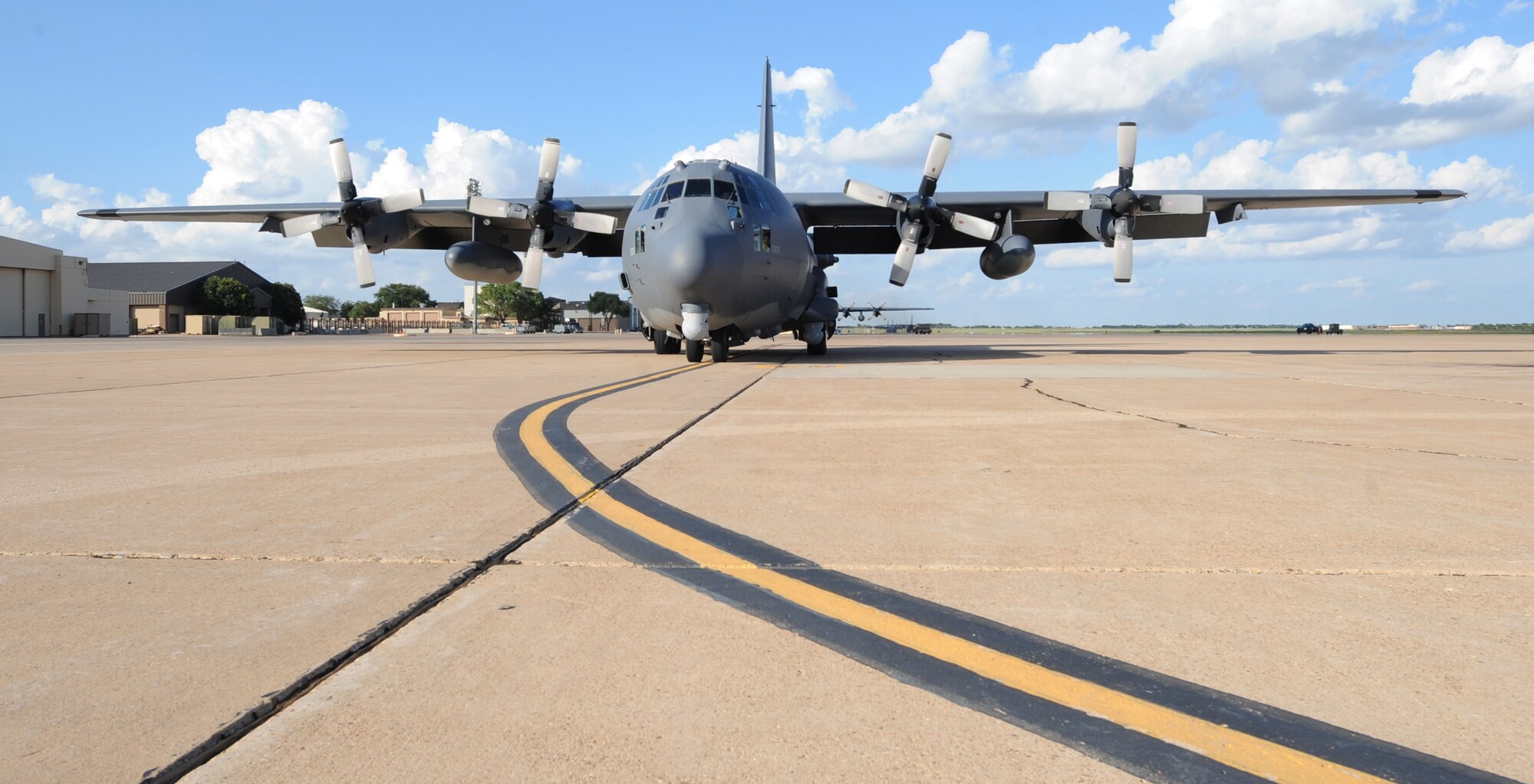 The first of twelve MC-130W Dragon Spears lands at Cannon Air Force Base, July 29, 2010. Operating the Dragon Spear will be the 73rd Special Operations Squadron. (U.S. Air Force photo by Airman 1st Class Maynelinne De La Cruz) 