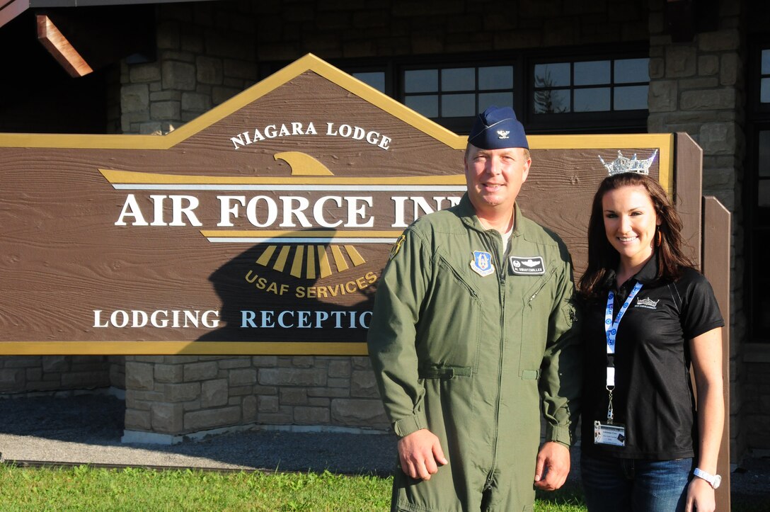 NIAGARA FALLS AIR RESERVE STATION, N.Y.- Miss North Carolina, Adrienne Core was among a group of employers from the Pope Air Force Base, North Carolina area who recently visited the 914th Airlift Wing on an ESGR (Employer Support of the Guard and Reserve) sponsored trip.  Among Miss Core's official duties as Miss North Carolina is to act as an ambassador for her state.  She posed for a brief photo opportunity with 914th Airlift Wing Commander Col. Allan Swartzmiller.  This is her first time to an Air Force Reserve installation and to Niagara Falls. The group received several briefings and a tour of the installation where they saw firsthand the cohesiveness of the Reserve/Guard Association at Niagara. (U.S. Air Force Reserve photo by Master Sgt. Peter Borys)
